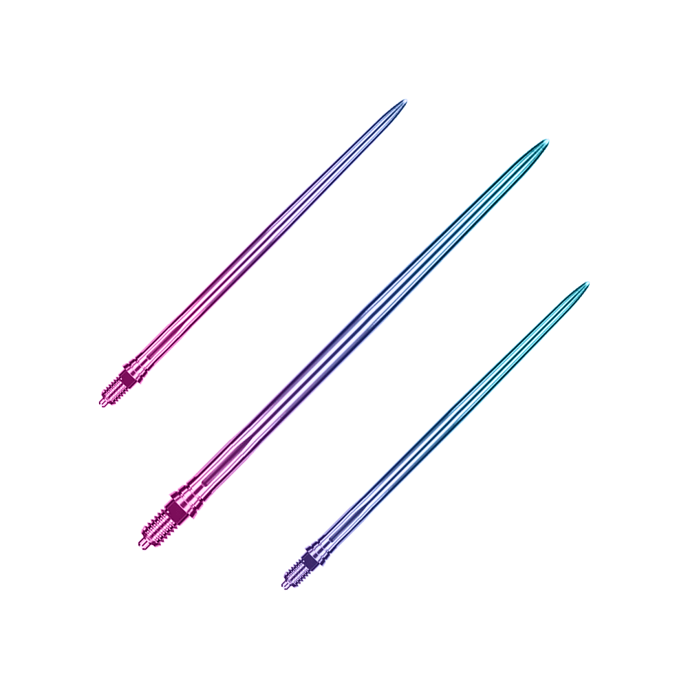 Caliburn EZ-EVO dartpunten - Glad - Regenboog Abgebildet ist ein Set von glatten, regenbogenfarbenen Dartspitzen mit einer Länge von 50 mm. Das Set eignet sich für verschiedene Dartspiele.