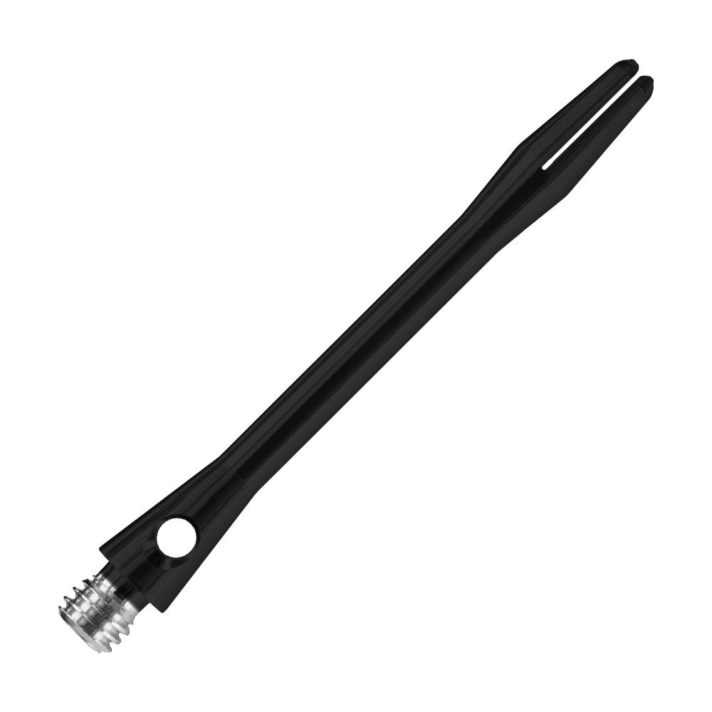 HR368_Harrows_Keramic_Shafts_Schwarz_47mm_2 Das Bild zeigt einen matt schwarzen Harrows Keramic Shafts für Darts. Der Schaft ist schlank und hat ein silbernes Gewinde am unteren Ende.