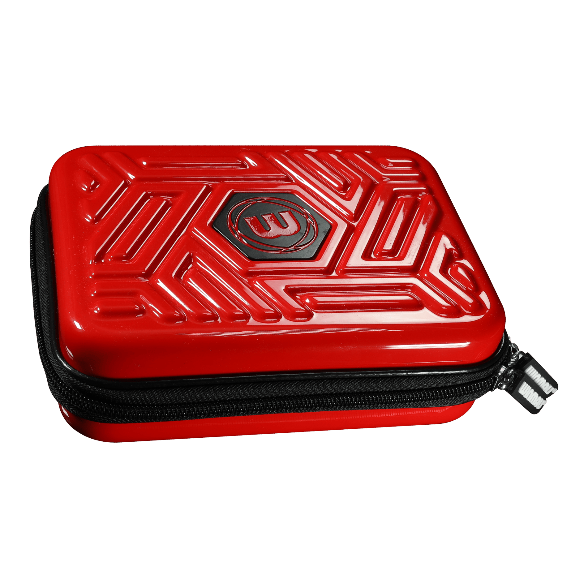 Winmau Armor G2 Dart-portemonnee Das Bild zeigt ein rotes Dart-Etui mit einem schwarzen Reißverschluss. Auf dem Deckel ist ein geprägtes Muster und das Winmau-Logo zu sehen.