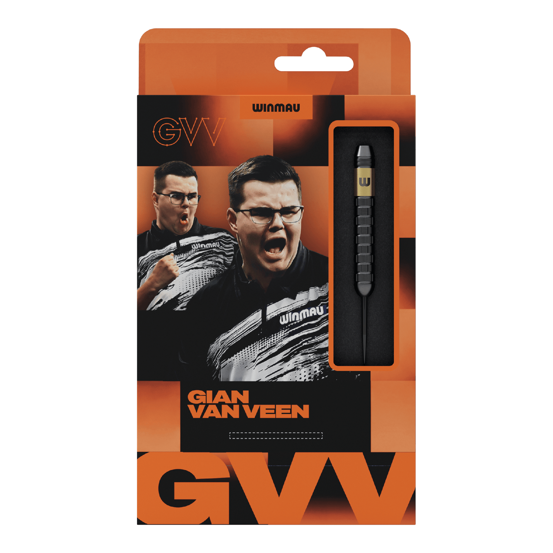 Winmau Gian Van Veen Core Messing Steeldarts - 21g Hier wird das Produkt Winmau Gian Van Veen Core Brass Steeldarts mit 21 Gramm gezeigt. Die Steeldarts liegen geordnet nebeneinander.