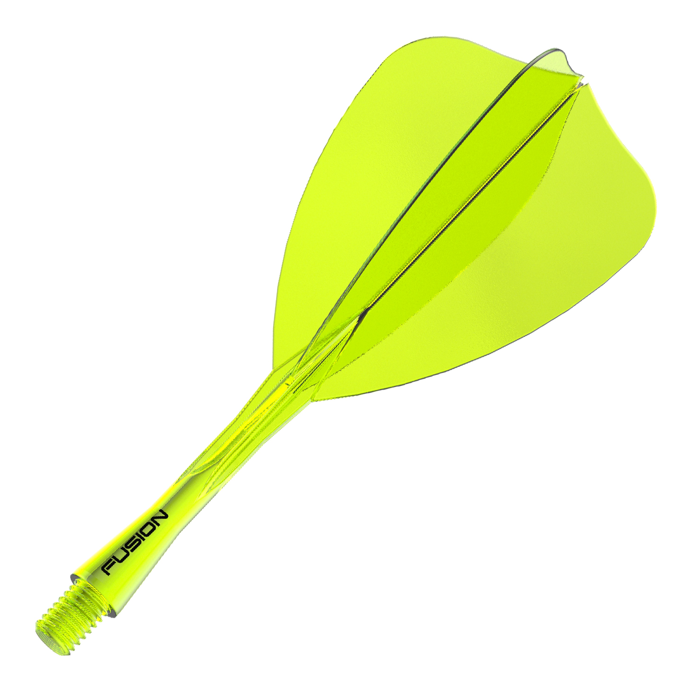 Abgebildet ist ein Dartshaft- und Flight-System in Neongelb, 28 mm lang. Der Artikelname deutet auf ein Winmau Fusion Flight Shaft System Arrow hin.