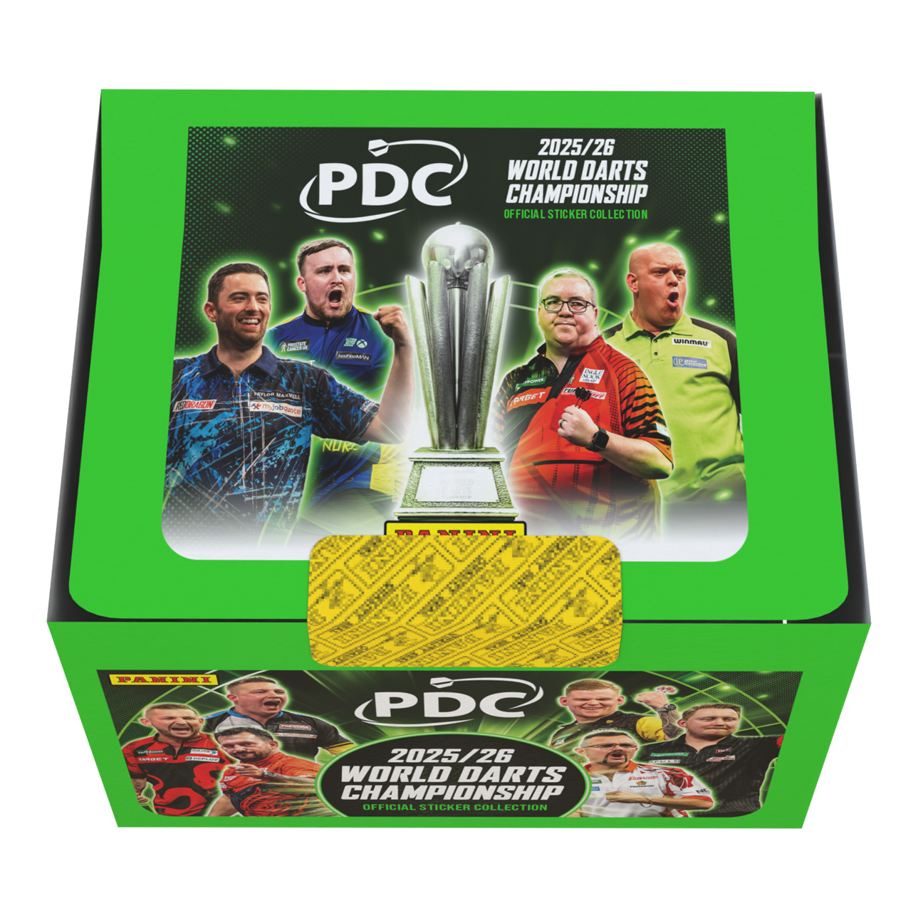 Panini PDC World Darts Championship 2025/26 - Stickerbox met 65 pakketten Die Panini PDC World Darts Championship 2025/26 Stickerbox mit 65 Tüten ist zu sehen. Das Bild gibt einen Überblick über die Verpackung und den Inhalt der Box.