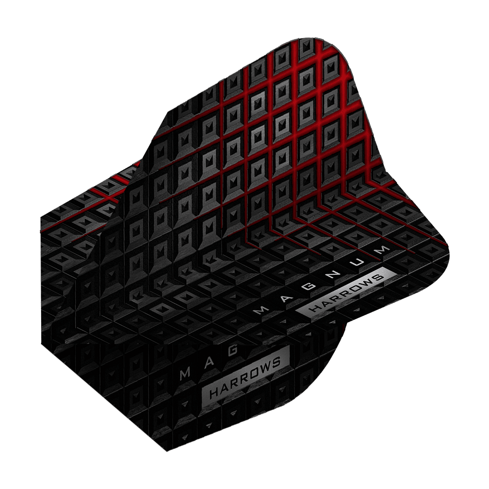 HR36_Harrows_Prime_Magnum_Reloaded_Standard_Flights_2 Das Bild zeigt das Produkt "Harrows Prime Magnum Reloaded Standard Flights". Das Design ist schwarz mit roten Akzenten und geometrischen Mustern.