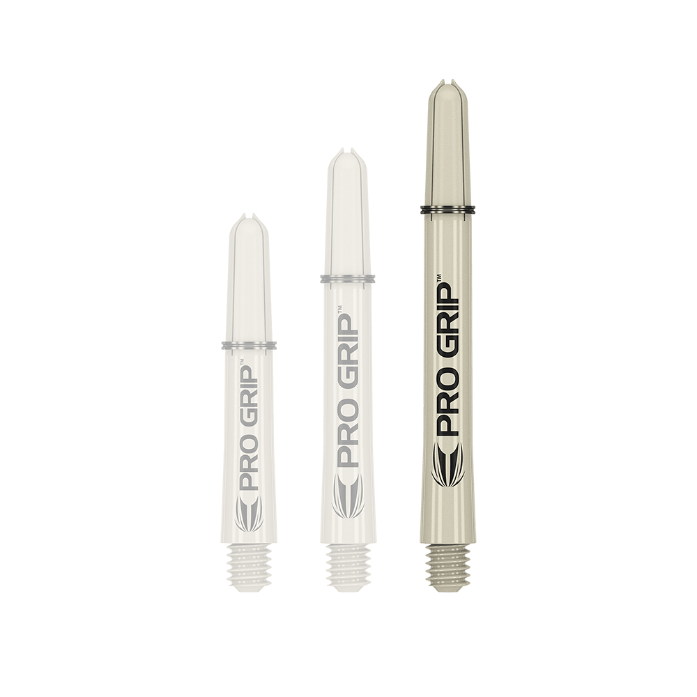 380152_Target_Pro_Grip_Shafts_Sand_48mm_1 Das Bild zeigt drei sandfarbene Dart-Schäfte in unterschiedlichen Längen. Auf jedem Schaft steht der Text "PRO GRIP".