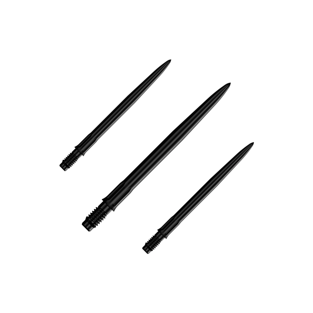 Mission R2.5 Rapid Point SM1 Dartpunten - Zwart Das Bild zeigt ein Set schwarzer Dartspitzen mit einer Länge von 30 mm. Mehrere Spitzen sind nebeneinander zu sehen.