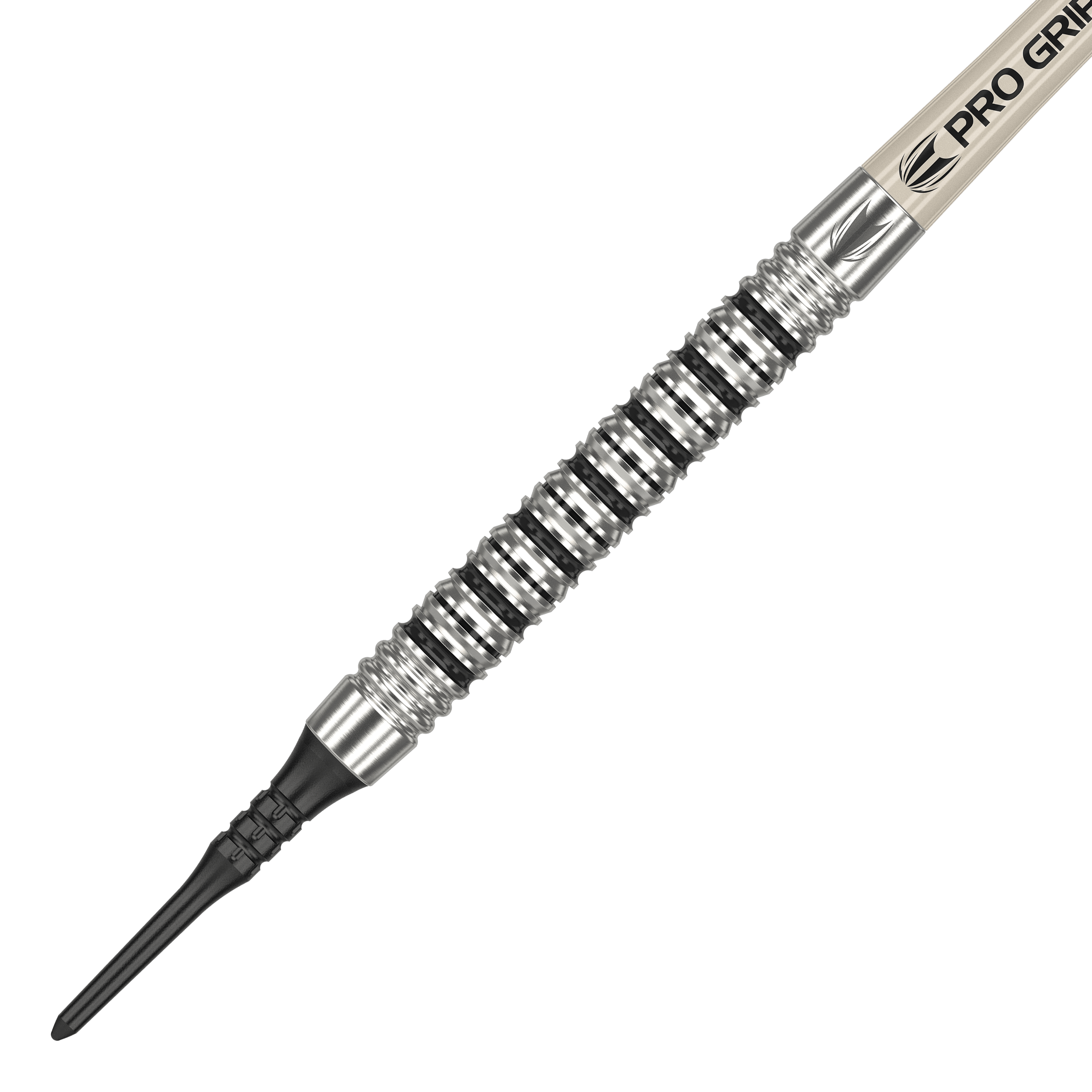 Target EXO 11 Zachte Darts Das Bild zeigt den Target EXO 11 Softdart. Der Dart hat eine silberne, gerillte Griffzone und eine schwarze Kunststoffspitze.