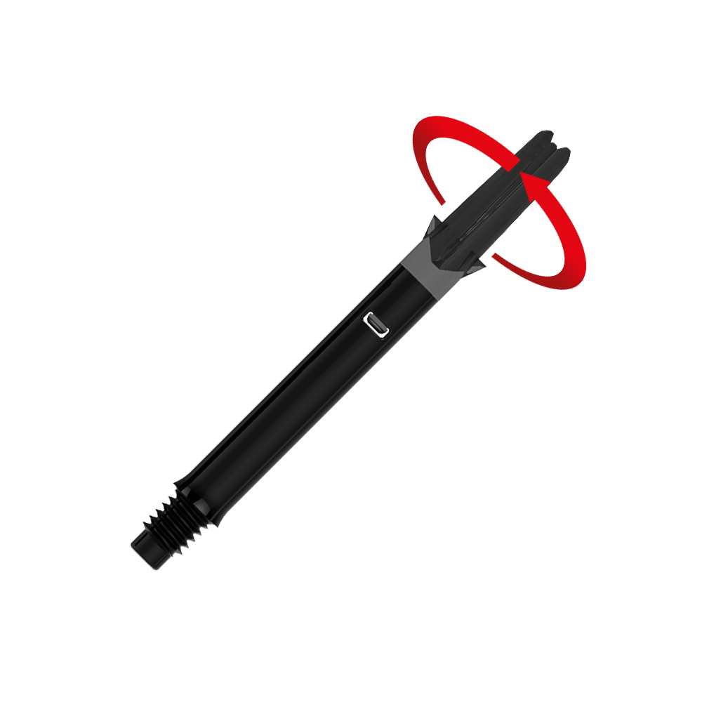 L-L-Style-Shafts Silent Straight - Zwart Das Bild zeigt einen schwarzen geraden Dart-Schaft ohne Kappen. Ein roter Pfeil deutet darauf hin, dass sich das obere Ende des Schafts drehen kann.