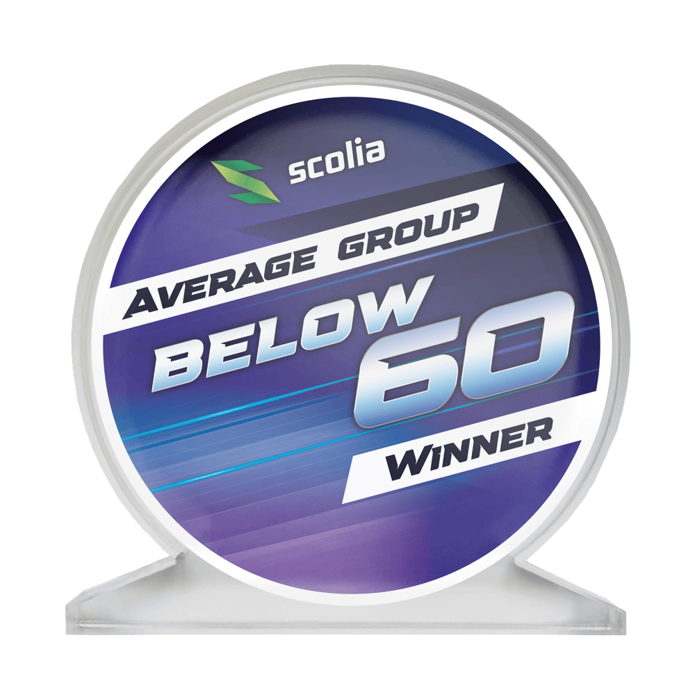 Scolia Acrylglas Trofee - Winnaar Zu sehen ist ein Acrylglas-Pokal mit dem Namen "SCOPO-B60 Scolia". Dieser Pokal wird für einen Average unter 60 verliehen.