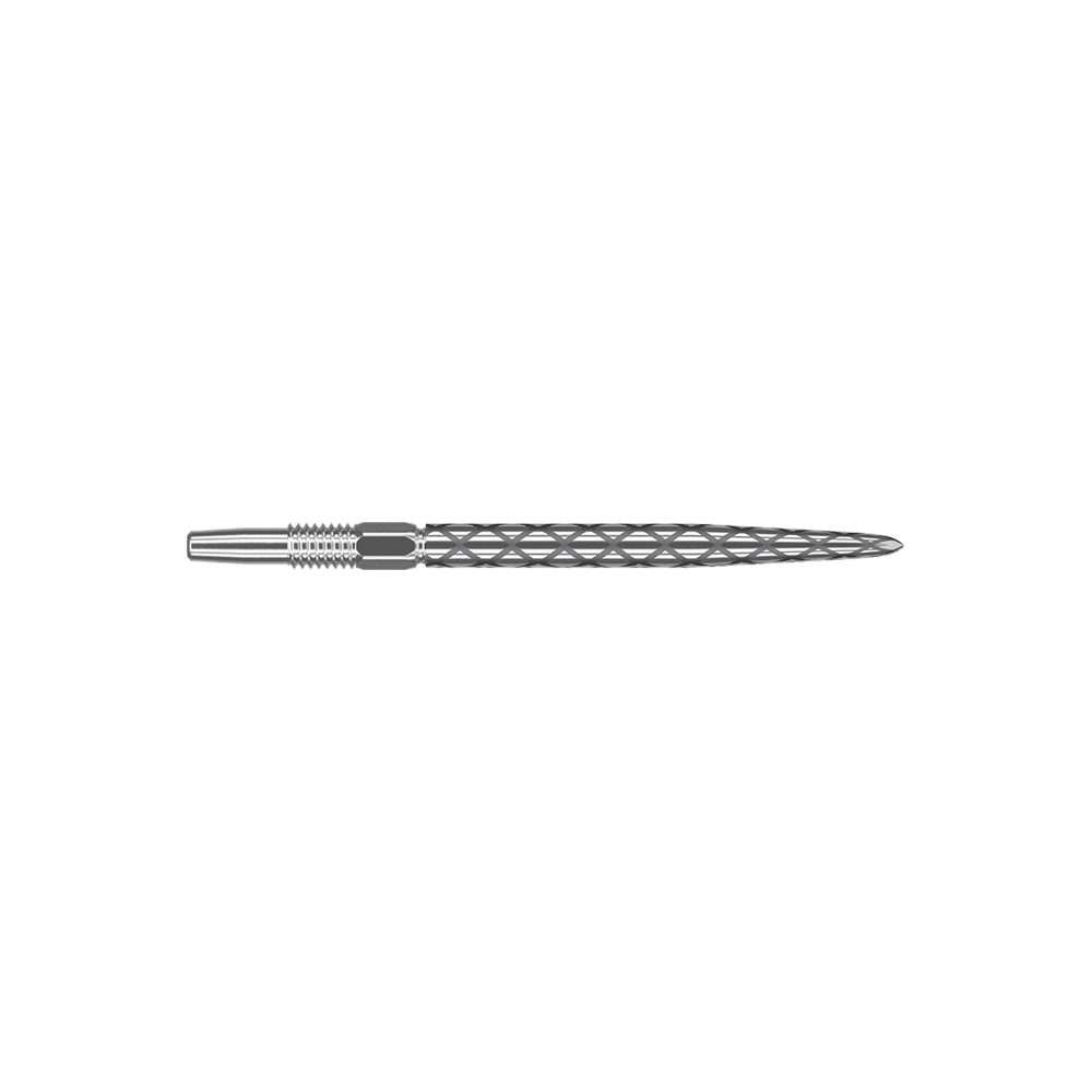 Target Swiss Diamond Pro Silver Points dartpunten Das Bild zeigt eine silberne Dartspitze mit einem rautenförmigen Muster. Sie ist lang und schmal gefertigt und hat eine glatte, glänzende Oberfläche.