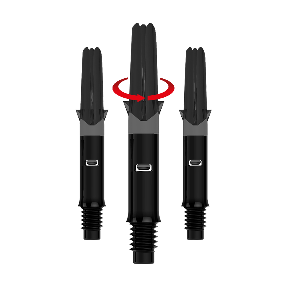 L-L-Style-Shafts Silent Straight - Zwart Auf dem Bild sind drei schwarze Dart-Schäfte ohne Kappen zu sehen. Der mittlere Schaft ist zudem mit einem roten Pfeil versehen, der eine Drehbewegung anzeigt.