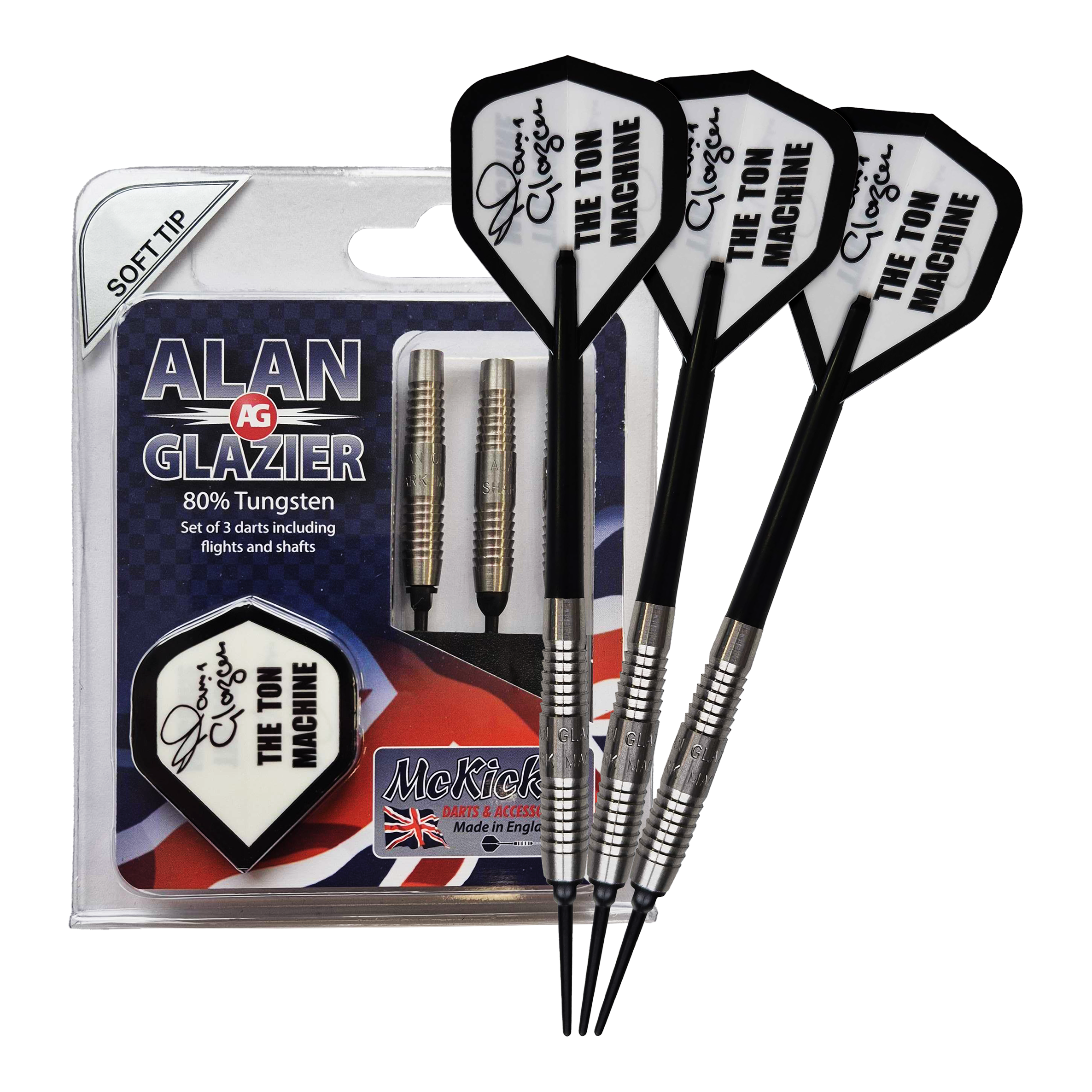 McKicks Alam Glazier Shark Machine Zachte Darts Das Bild zeigt ein Set von drei Softdarts mit der Aufschrift "McKicks Alan Glazier Shark Machine Softdarts". Die Verpackung hebt hervor, dass die Darts zu 80% aus Tungsten bestehen und "The Ton Machine" Flügel besitzen.