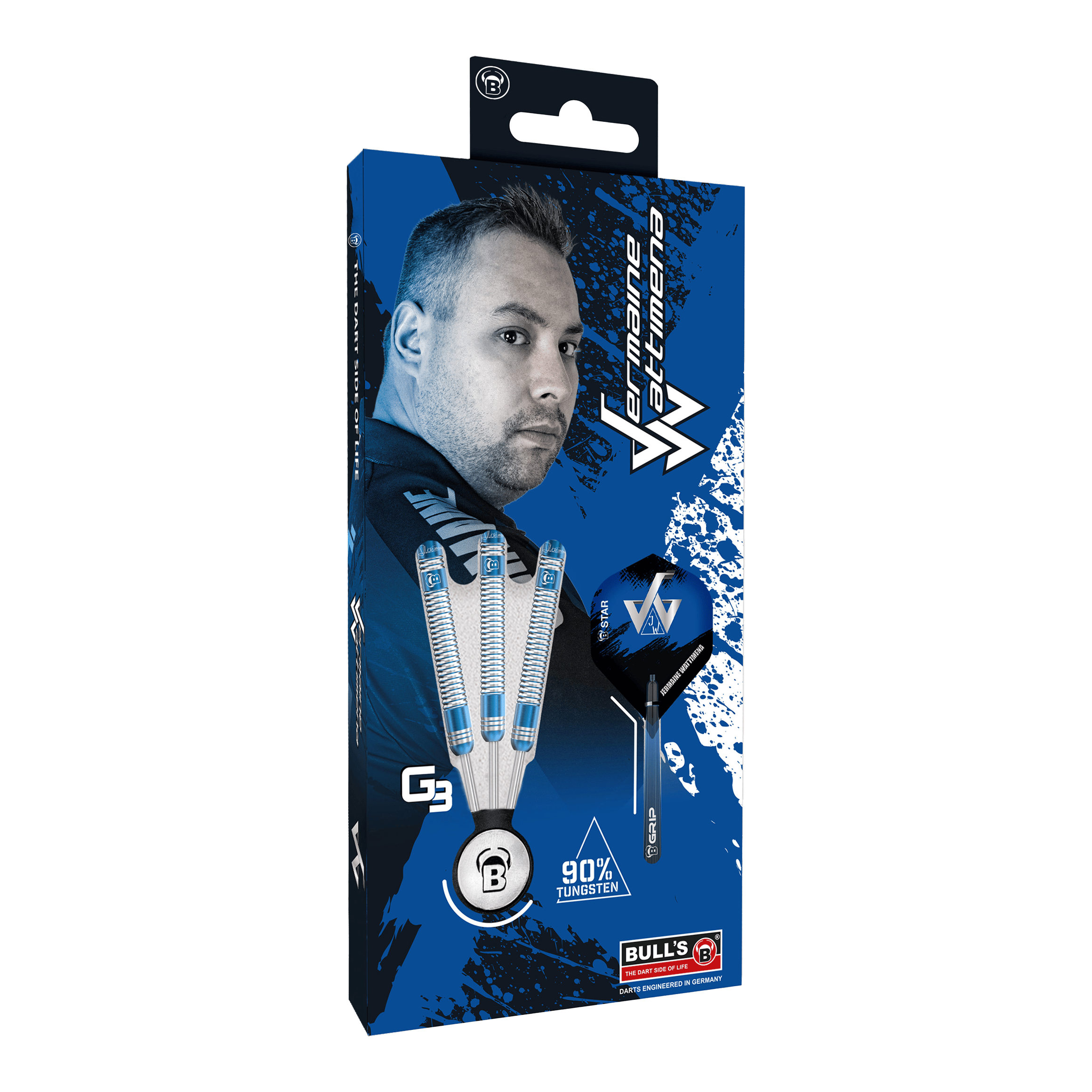 Bulls Jermaine Wattimena Generatie 3 steel darts Die Verpackung zeigt die Bulls Jermaine Wattimena Generation 3 Steeldarts mit 90% Tungsten. Auf der Vorderseite ist ein Bild von Jermaine Wattimena und die drei Darts abgebildet.