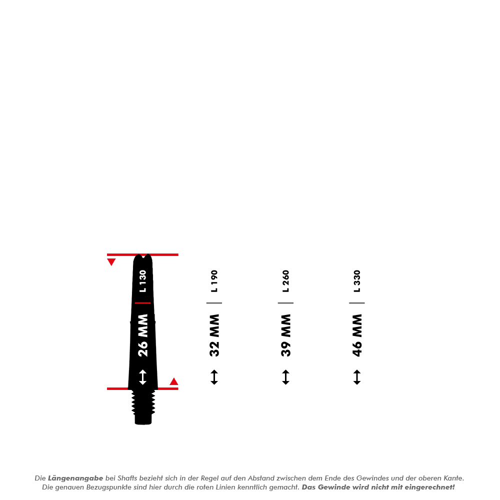 L-Style L-schachten vergrendeld recht - helder Das Bild zeigt vier verschiedene Längen von Dartshafts mit den Abmessungen 26 mm, 32 mm, 39 mm und 46 mm. Die rote Linie markiert, dass die Längenangabe ohne das Gewinde gemessen wird.
