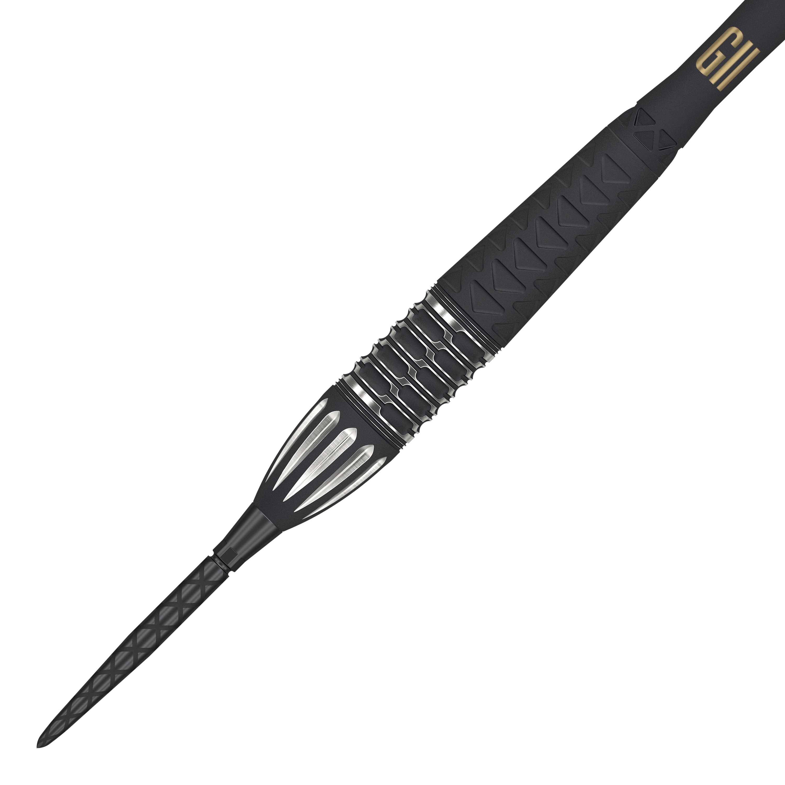 Auf dem Bild ist ein Target Phil Taylor RAW Power 9Five GEN11 Swiss Point Steeldart zu sehen. Der Dartpfeil hat ein modernes, schwarzes Design mit silbernen Akzenten und auffälliger Gravur.