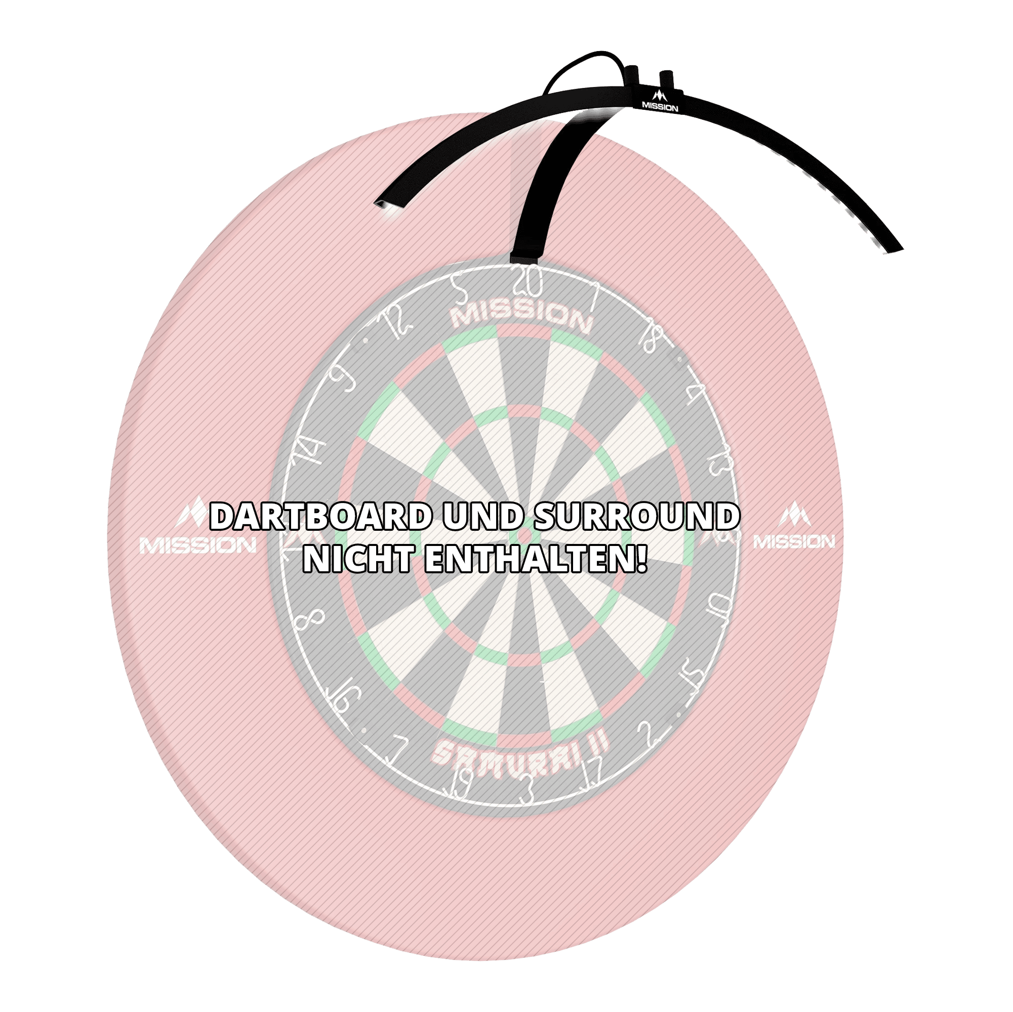 Mission Torus 100 Faltbare LED Dartboard Beleuchtung Das Bild zeigt die faltbare LED Dartboard Beleuchtung "Mission Torus 100", die über einem Dartboard platziert ist. Ein Hinweis weist darauf hin, dass das Dartboard und das Surround nicht enthalten sind.