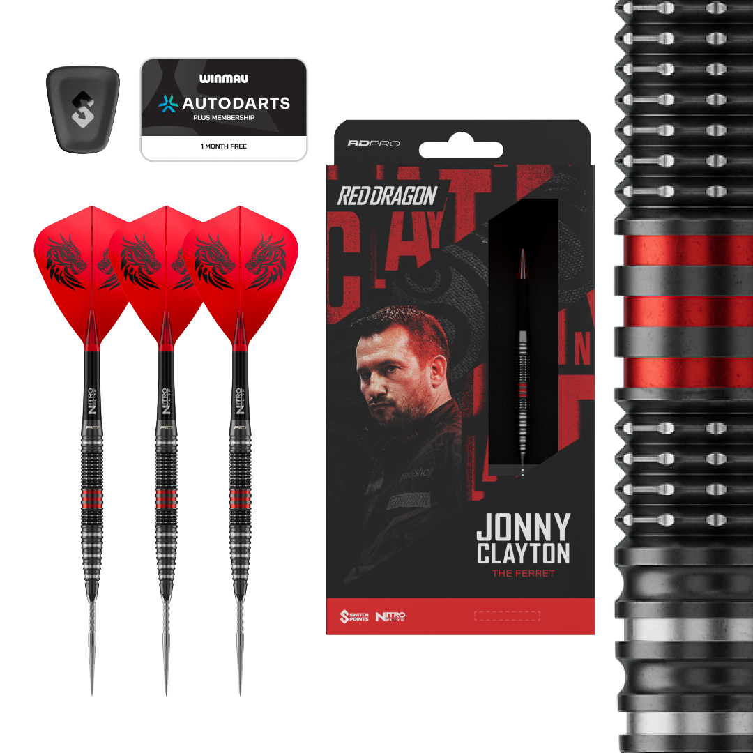 Red Dragon Jonny Clayton RD-PRO Switch Point stalen dartpijlen Dieses Bild zeigt die Red Dragon Jonny Clayton RD-PRO Switch Point Steeldarts. Die Darts liegen auf einem hellen Hintergrund.