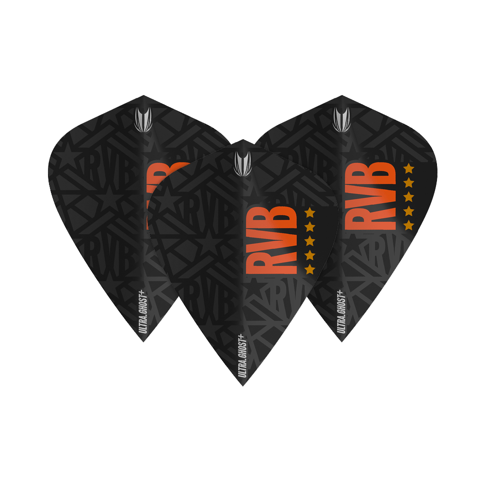 Target UltraGhost Raymond Van Barneveld GEN2 Kite Flights Das Bild zeigt drei schwarze Dartflights mit dem Schriftzug "RVB" in orange und einem Muster im Hintergrund. Die Flights tragen zusätzlich die Aufschrift "ULTRA GHOST+" und sind mit fünf Sternen versehen.