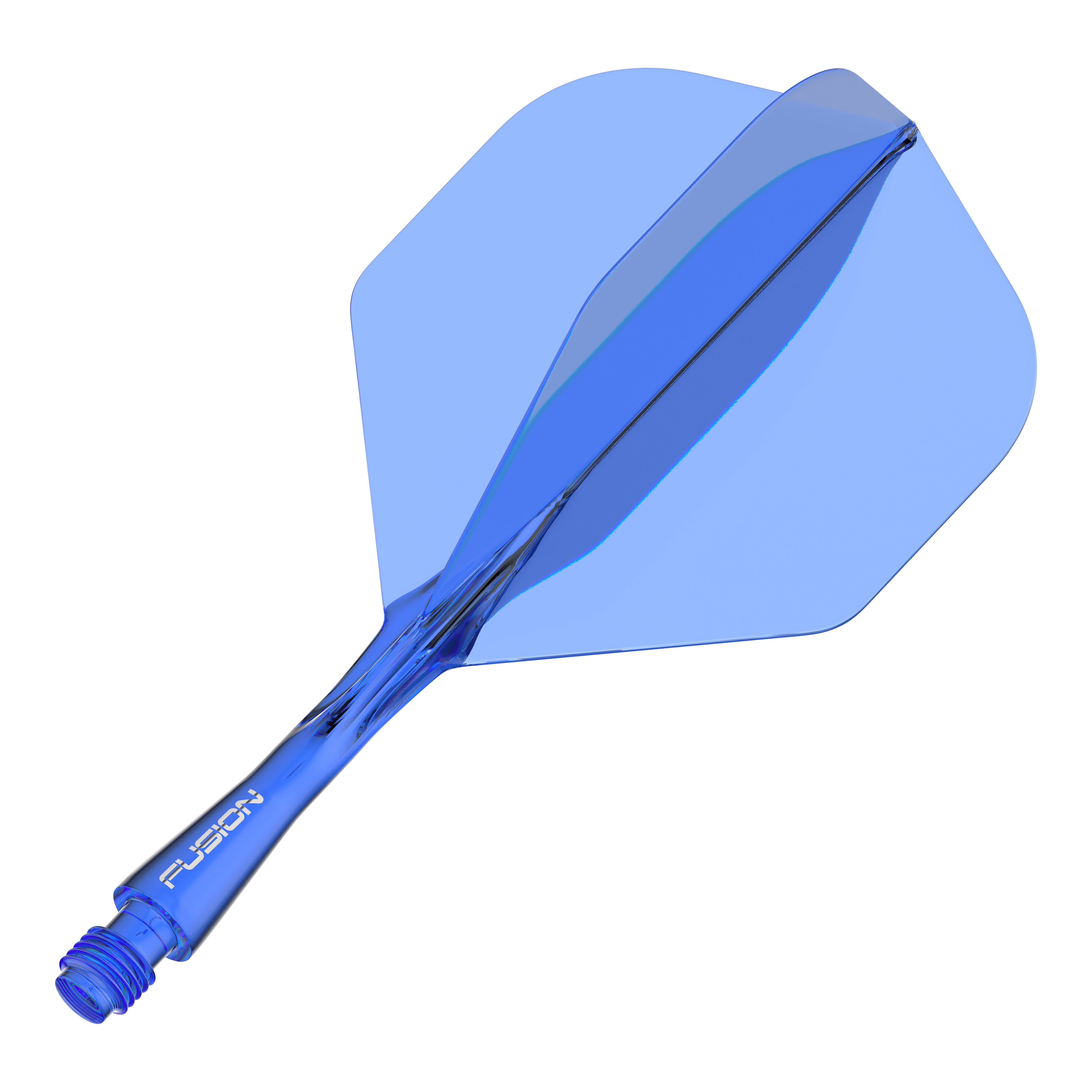 Winmau Fusion Flight Shaft System Standaard Blauw Das Bild zeigt ein blaues Dart-Flightsystem mit integriertem Schaft. Auf dem Schaft steht das Wort "FUSION".