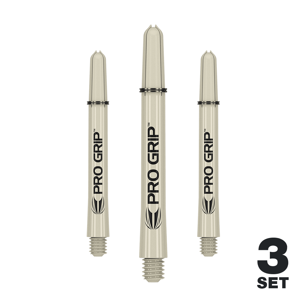Target Pro Grip Shafts - 3 sets - Zand Auf dem Bild sind drei sandfarbene Pro Grip Dartschäfte zu sehen. Unten rechts steht "3 Set", was auf ein Set aus drei Stück hinweist.