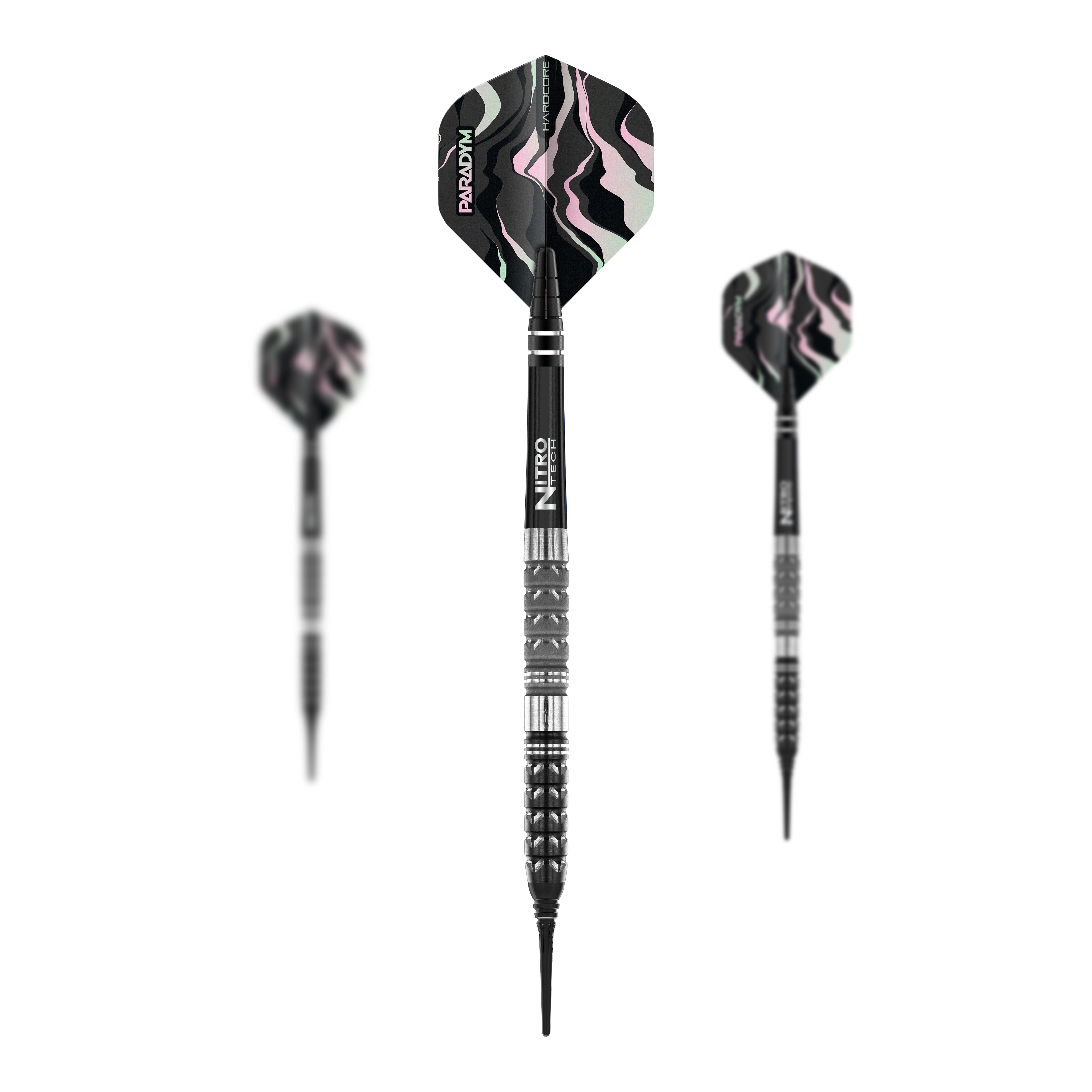 Red Dragon Paradym Tapered Soft Darts - 20g Das Bild zeigt drei Red Dragon Paradym Tapered Softdarts mit einem Gewicht von 20g. Die Flügel der Darts haben ein auffälliges schwarzes, pinkes und weißes Muster.