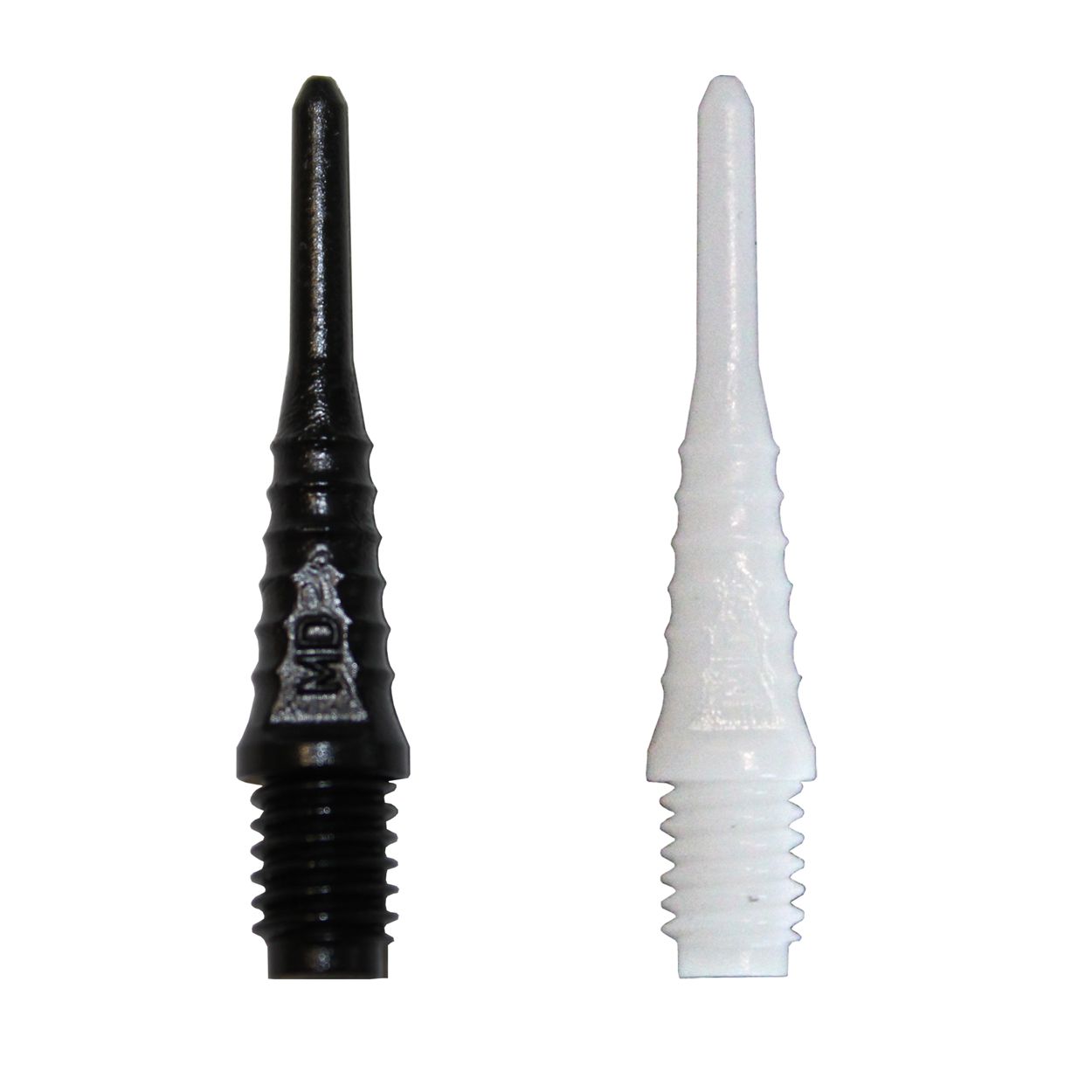 990_McDart_Evo_Grip Das Bild zeigt zwei Dartspitzen, eine in Schwarz und eine in Weiß. Sie sind Teil des Produkts "McDart Evo Grip Spitzen (100er Pack)".