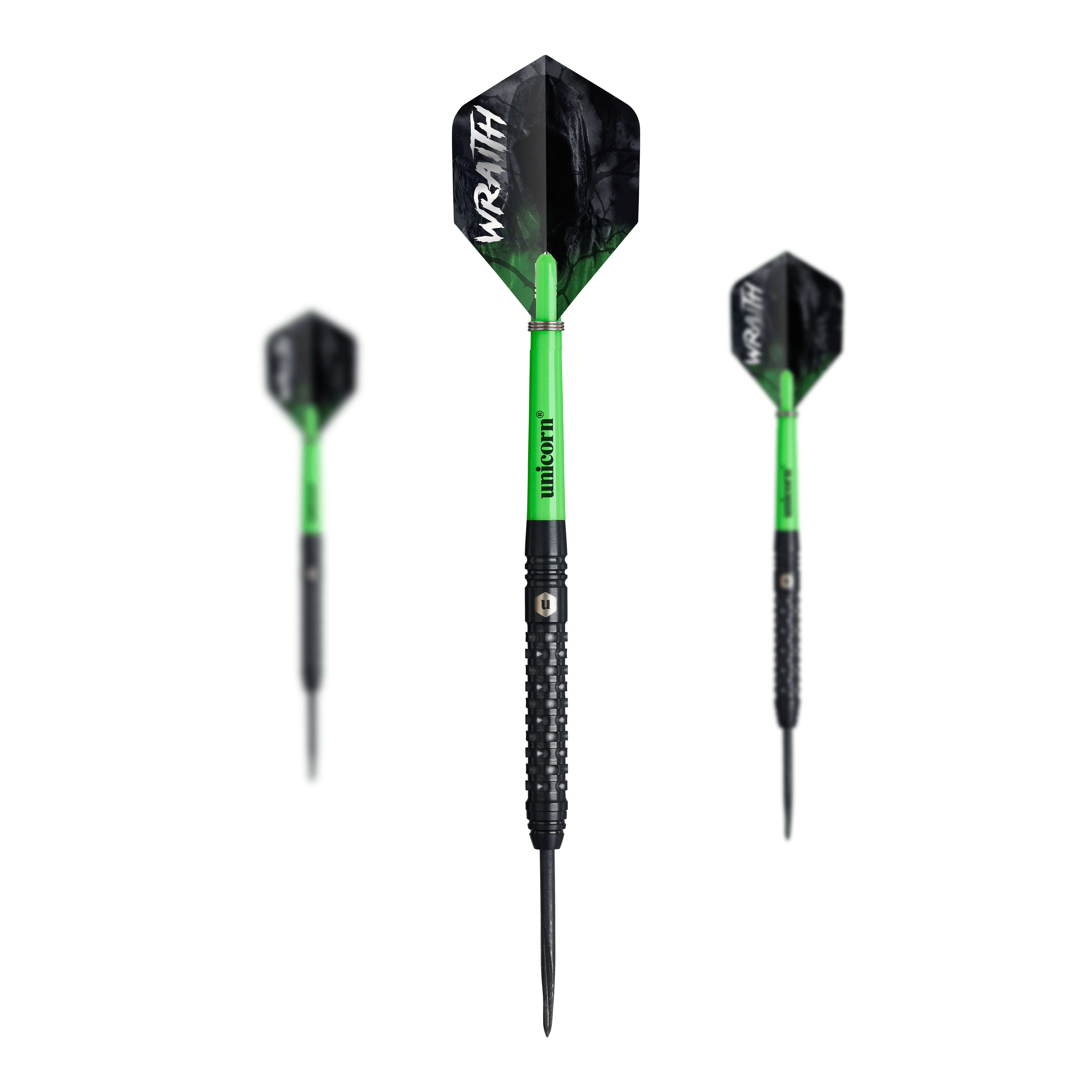 Unicorn Wraith stalen darts Das Set Unicorn Wraith Steeldarts ist zusammen abgebildet. Das Produkt wirkt hochwertig.