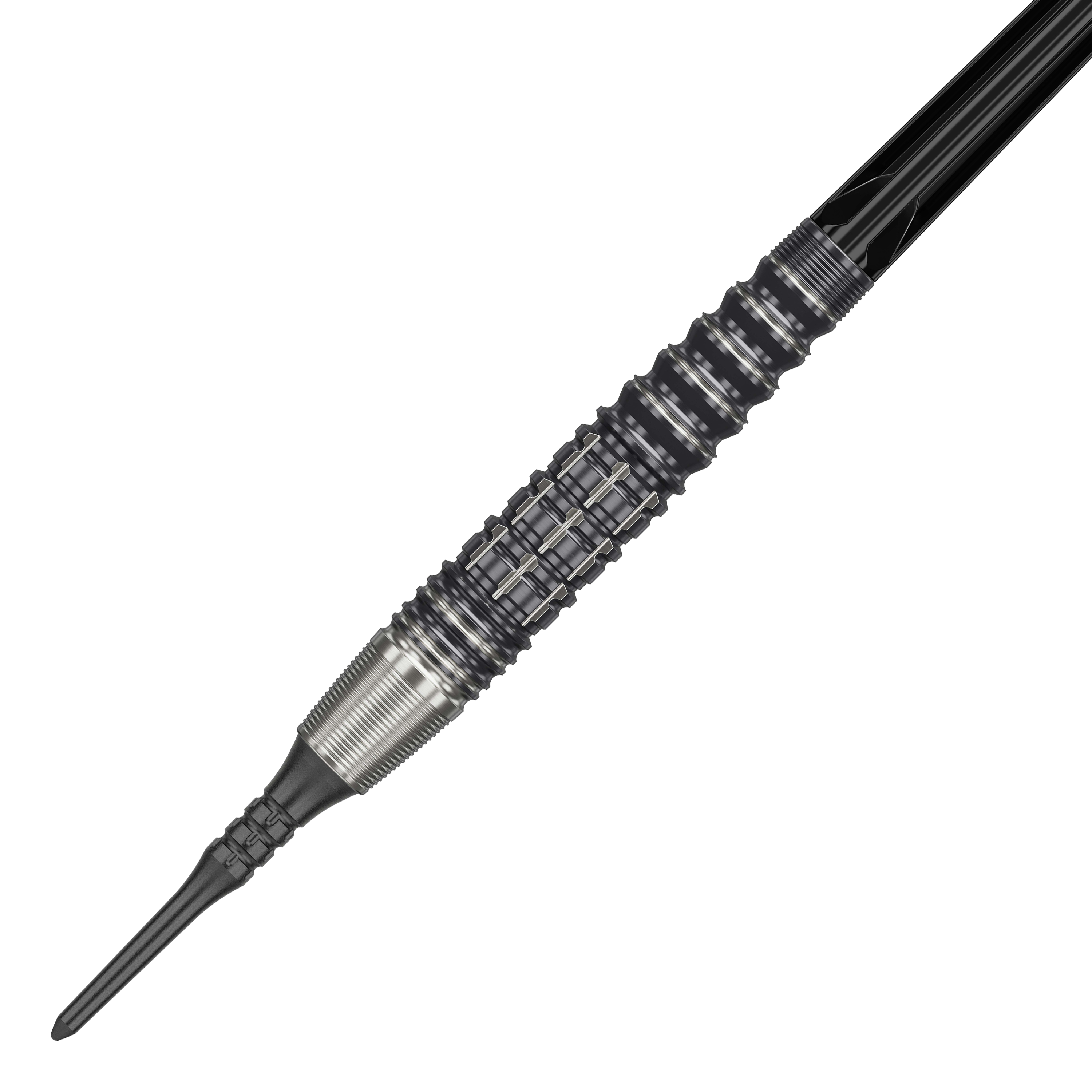 Target Japan Prime Series Harold Ching GEN1 Zenith MAX Soft Tip Darts - 21g Das Bild zeigt einen Softdart aus der Target Japan Prime Series, Modell Harold Ching GEN1 Zenith MAX mit 21g Gewicht. Der Dart hat ein markantes, geriffeltes Design mit silbernen und schwarzen Elementen.