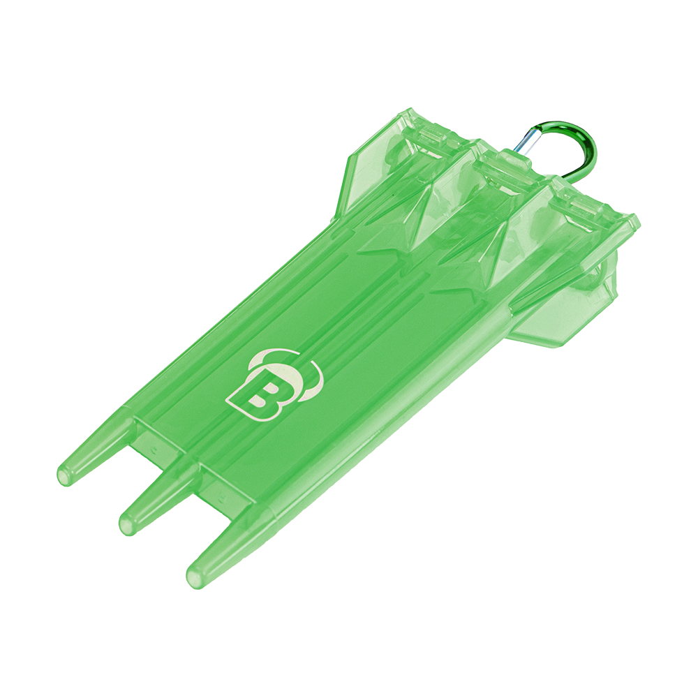 66424_Bulls_ACRA_X_Dartcase_Green_1 Das Bild zeigt das Produkt "Bulls ACRA X Dartcase" in einem transparenten grünen Design. Das Dartcase ist länglich, hat drei Fächer und ein weißes Logo auf der Oberseite.