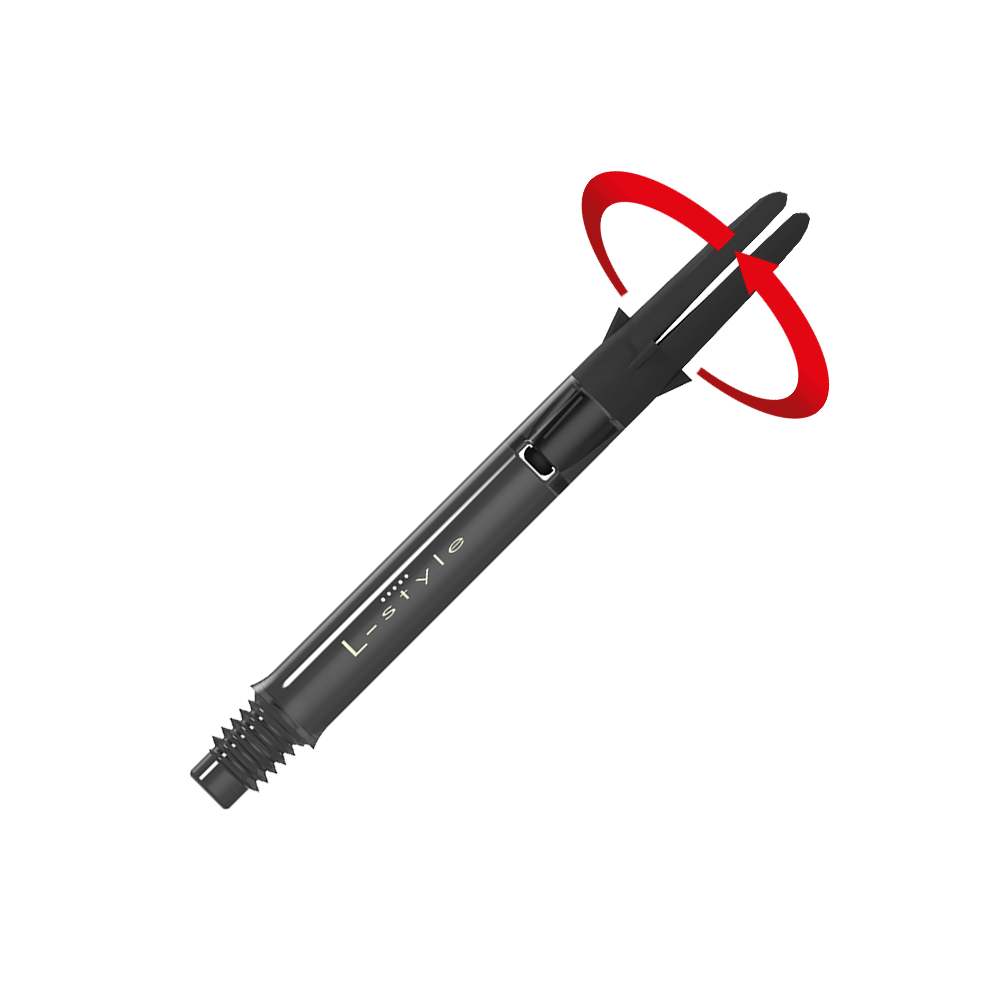 L-L-Style-Shaft Carbon Silent Straight - Zwart Das Bild zeigt einen schwarzen Dart-Schaft aus Carbon der Marke L-Style. Am oberen Ende ist ein roter, drehender Bewegungseffekt dargestellt.