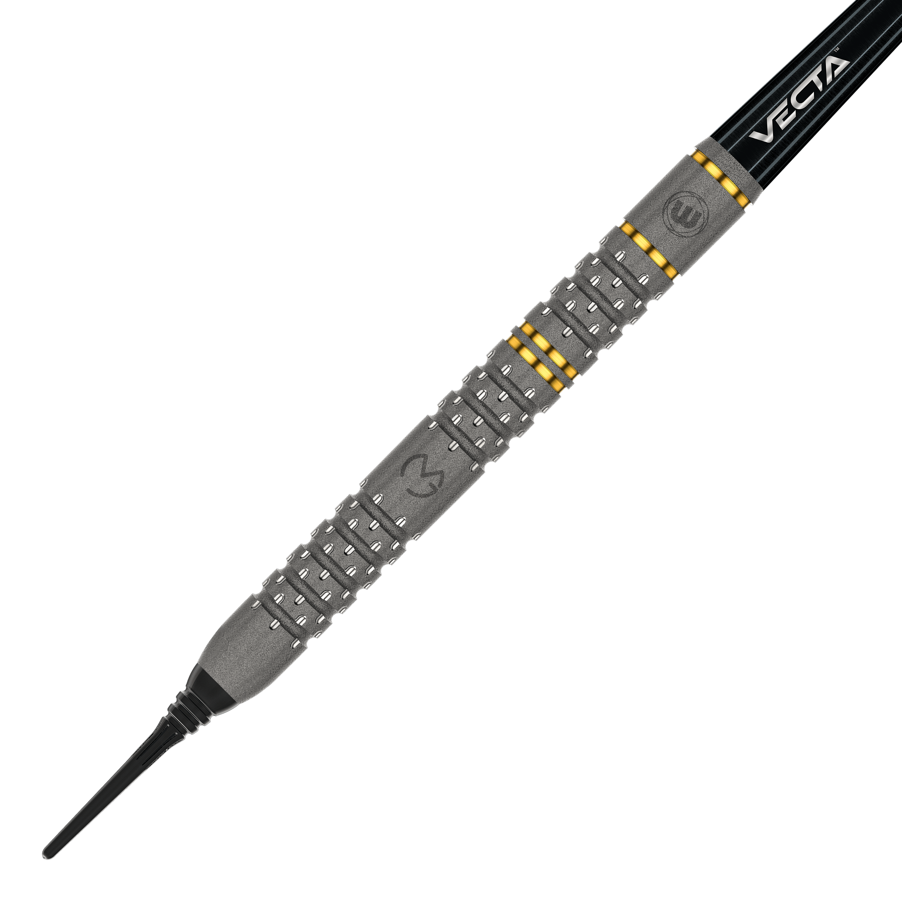 Winmau Michael Van Gerwen Evo-X zachte dartpijlen - 20g Das Bild zeigt einen Winmau Michael Van Gerwen Evo-X Softdart mit einem Gewicht von 20 Gramm. Der Dart hat ein markantes Design mit silbernen und goldenen Akzenten sowie der Aufschrift "VECTA".
