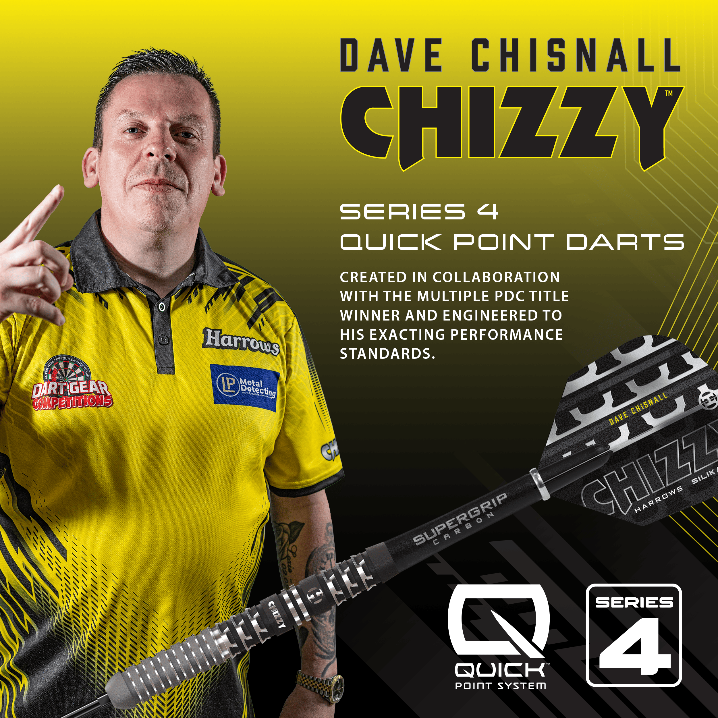 Harrow's Dave Chisnall Chizzy Series 4 zachte darts Harrows Dave Chisnall Chizzy Series 4 Softdarts sind auf diesem Bild zu sehen. Das Produkt ist ein spezieller Softdart für Dartspieler.