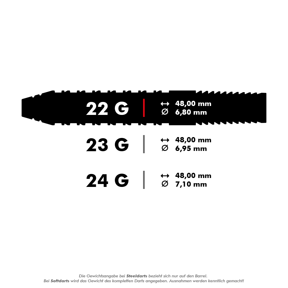 Target Bolide Void 02 Swiss Point stalen darts Das Bild zeigt die technischen Daten von Steeldarts mit den Gewichten 22 g, 23 g und 24 g. Für jedes Gewicht werden die Länge von 48,00 mm und unterschiedliche Durchmesser angegeben.