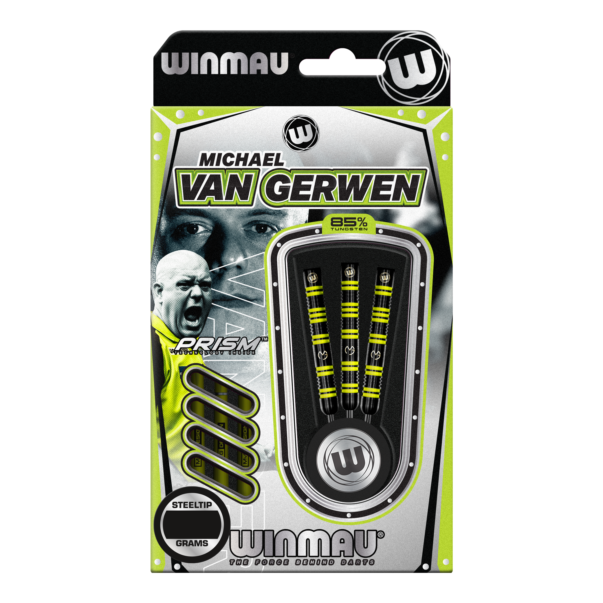 Winmau Michael Van Gerwen 85 Pro-Series stalen dartpijlen Das Bild zeigt eine Packung Winmau Michael Van Gerwen 85 Pro-Series Steeldarts. In der Verpackung sind drei Dartpfeile mit gelb-schwarzem Design sichtbar.