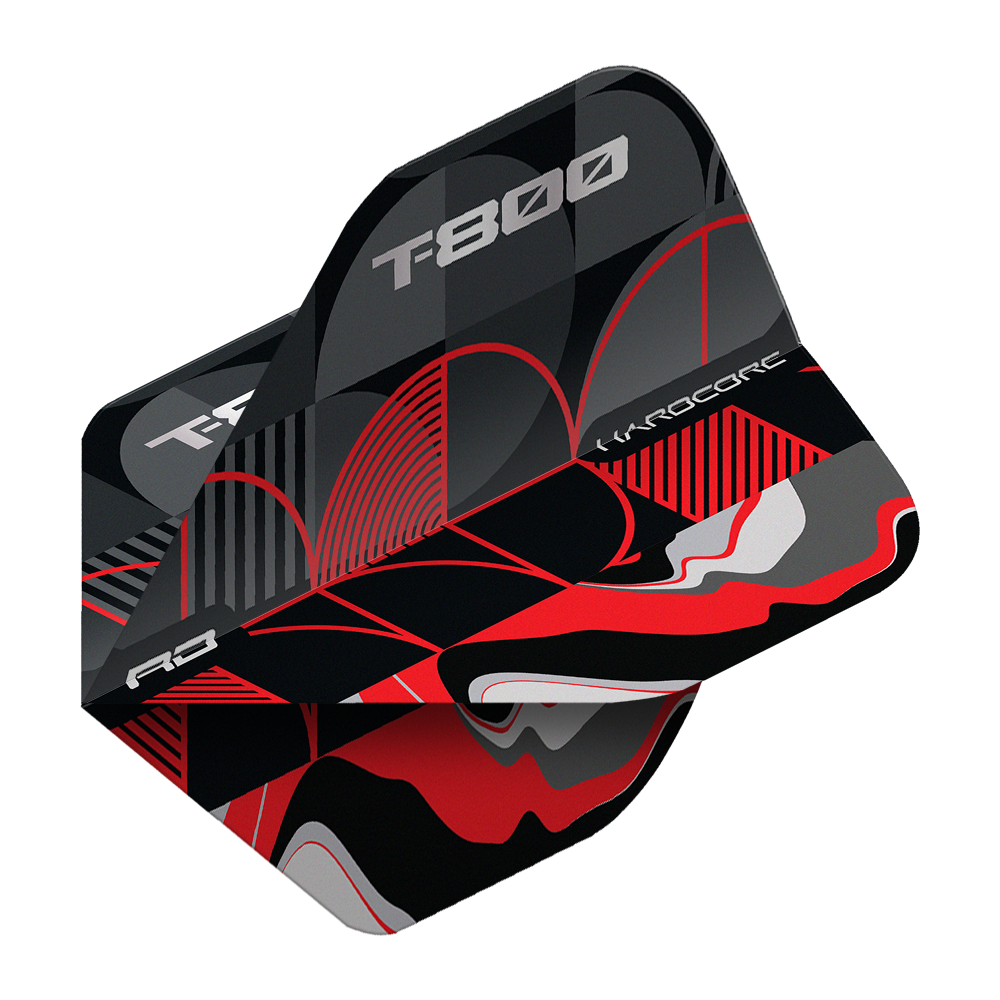 Red Dragon Hardcore T-800 No2 Standard Flights Das Bild zeigt das Produkt "Red Dragon Hardcore T-800 No2 Standard Flights". Die Flights sind schwarz, rot und grau gemustert und tragen die Aufschrift "T-800" und "Hardcore".