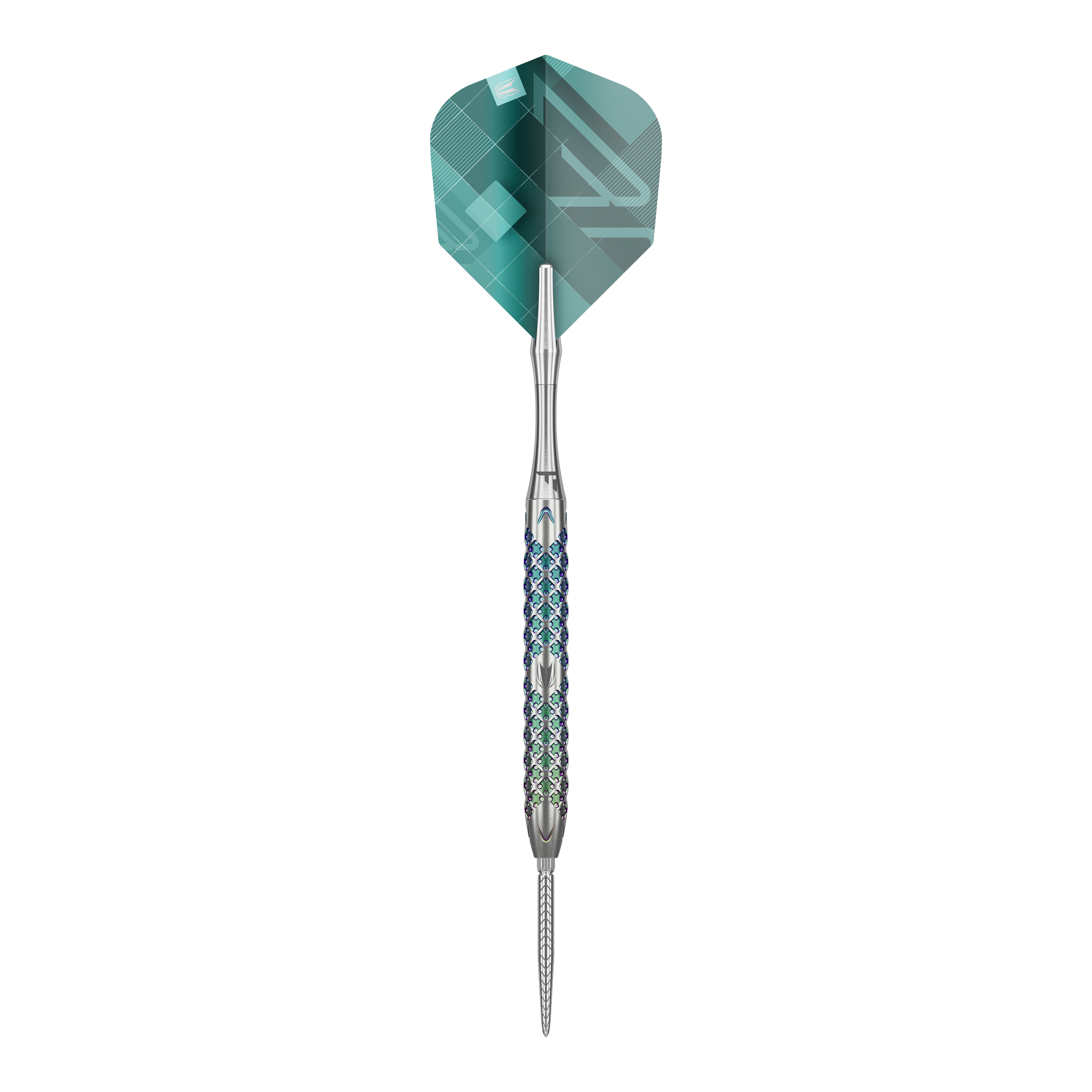 Target Rove 01 Swiss Point stalen dartpijlen Das Bild zeigt den Target Rove 01 Swiss Point Steeldart. Der Dart hat ein silbernes Barrel mit einem blauen Muster und grüne Flights.
