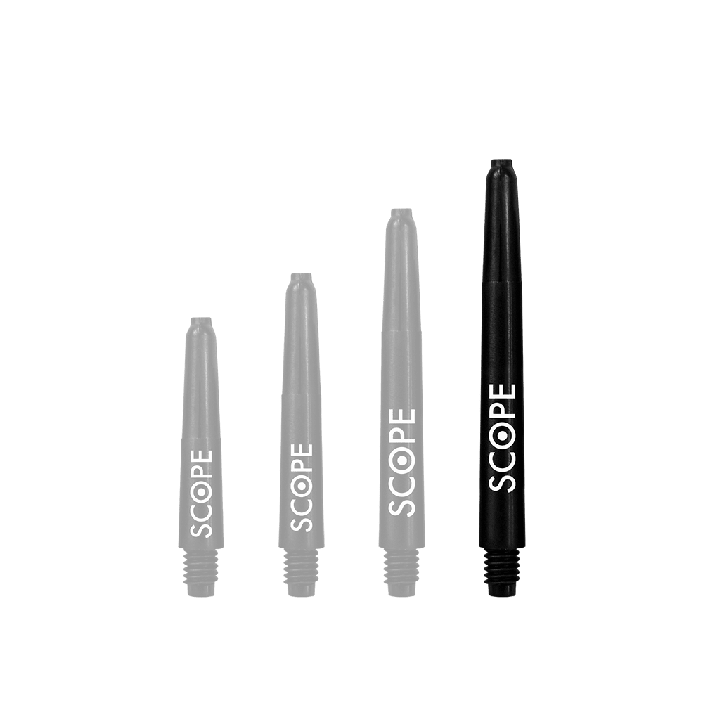 523_McDart_Scope_Nylon_Shafts_Schwarz_48mm_1 Das Bild zeigt vier schwarze McDart Scope Nylon Shafts in unterschiedlichen Längen. Auf jedem Schaft steht das Wort "SCOPE" in weißer Schrift.