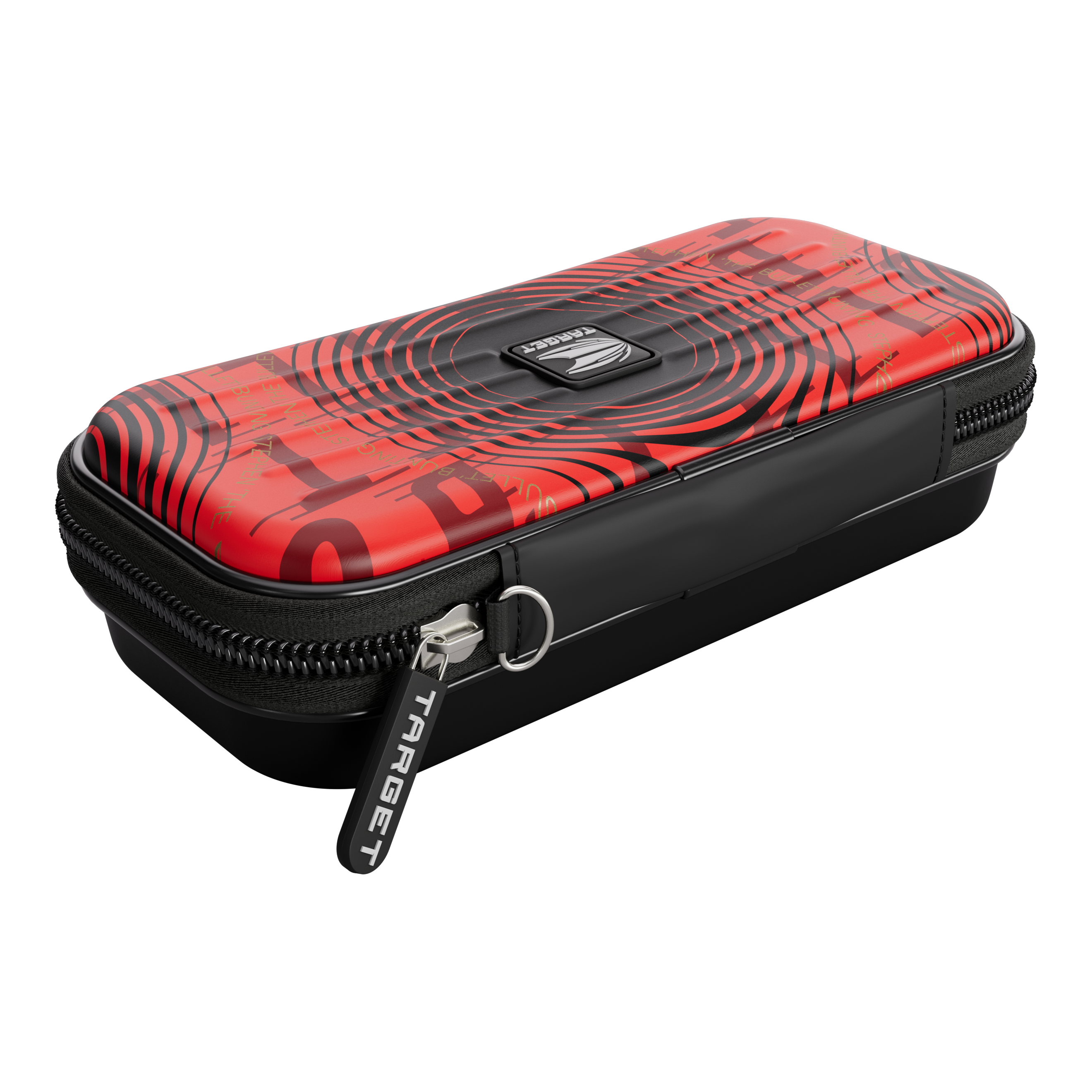 Target Takoma Stephen Bunting dartkoffer Das Bild zeigt das Produkt "Target Takoma Stephen Bunting Dartcase". Das Dartcase ist rot-schwarz gestaltet und hat einen Reißverschluss mit dem Schriftzug "TARGET".