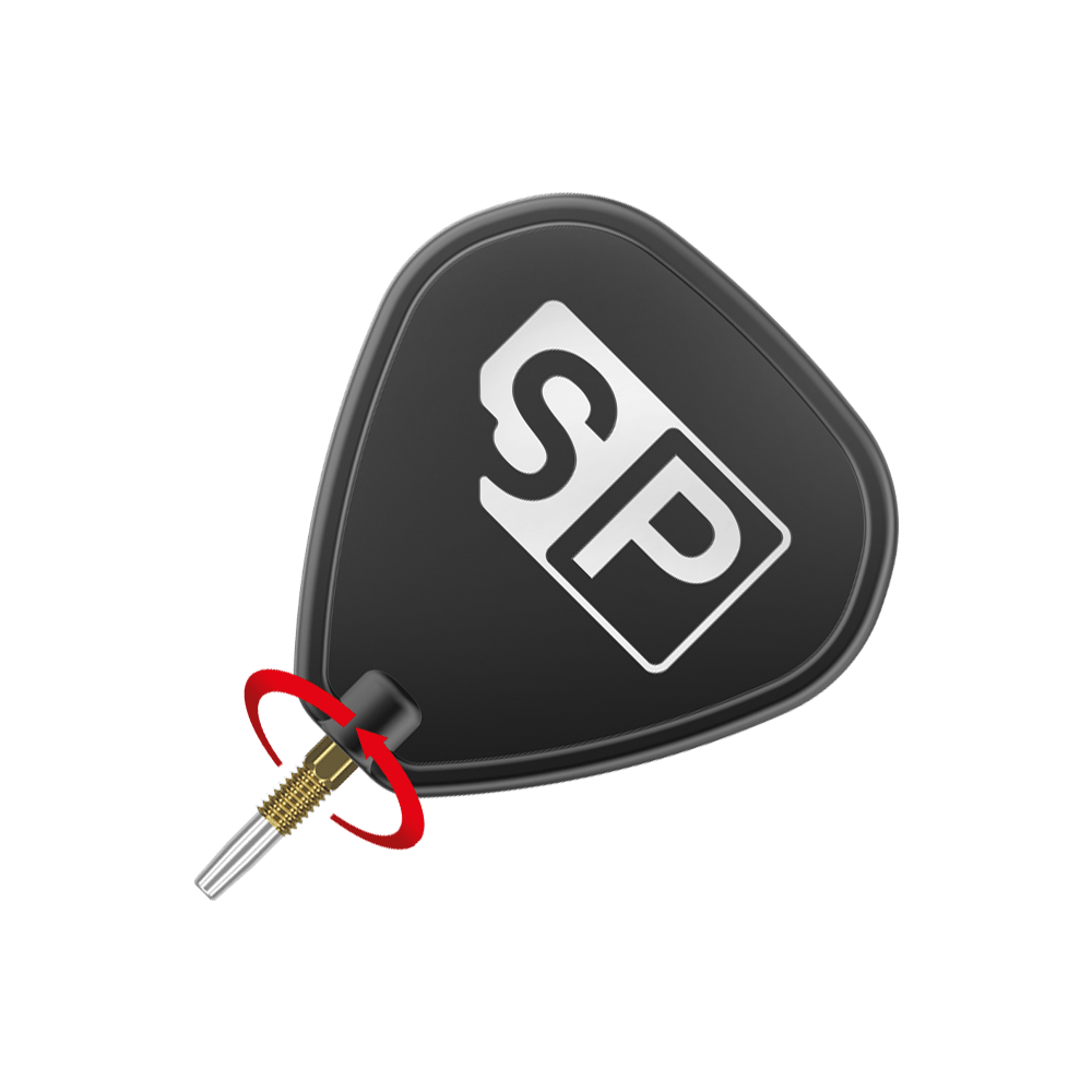 Target Swiss Point Gold darttips Das Bild zeigt eine schwarze Dart-Flügel mit den weißen Buchstaben "SP" darauf. Unten ist eine goldene Dartspitze mit einem roten Pfeil, der eine Drehbewegung anzeigt.
