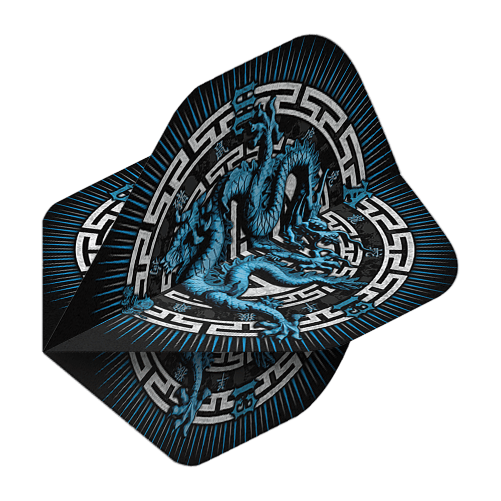 Alchemie Jaar van de Draak Nr. 2 Standaardvluchten Dieses Bild zeigt die "Alchemy Year Of The Dragon No2 Standard Flights". Auf den Flights ist ein blauer Drache mit asiatischem Muster auf schwarzem Hintergrund abgebildet.