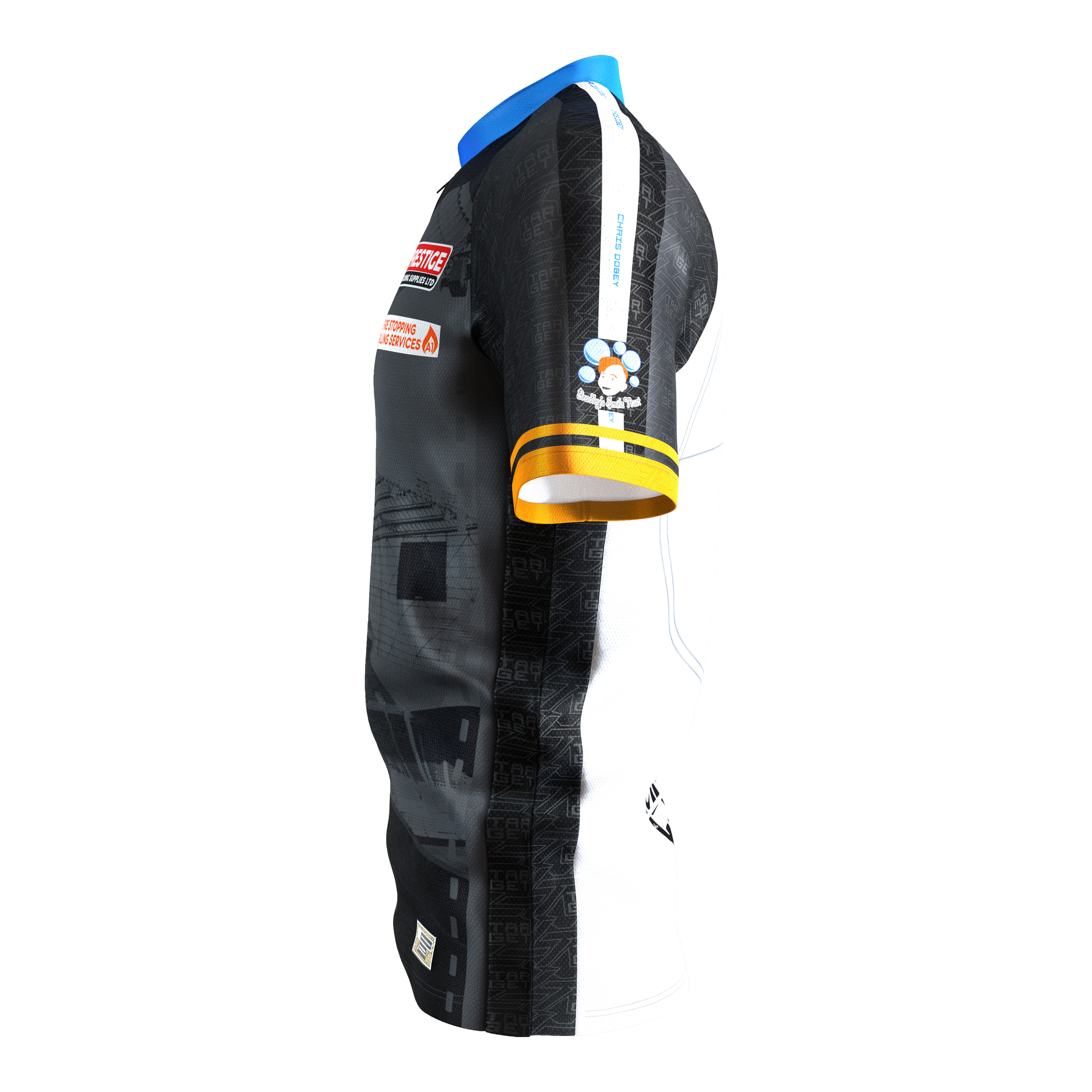 Target Coolplay Chris Dobey 2025 dartshirt Das Bild zeigt das "Target Coolplay Chris Dobey 2025 Dartshirt" aus seitlicher Ansicht. Das Shirt hat ein modernes Design mit schwarzen und weißen Bereichen sowie bunten Akzenten und Sponsorenlogos.