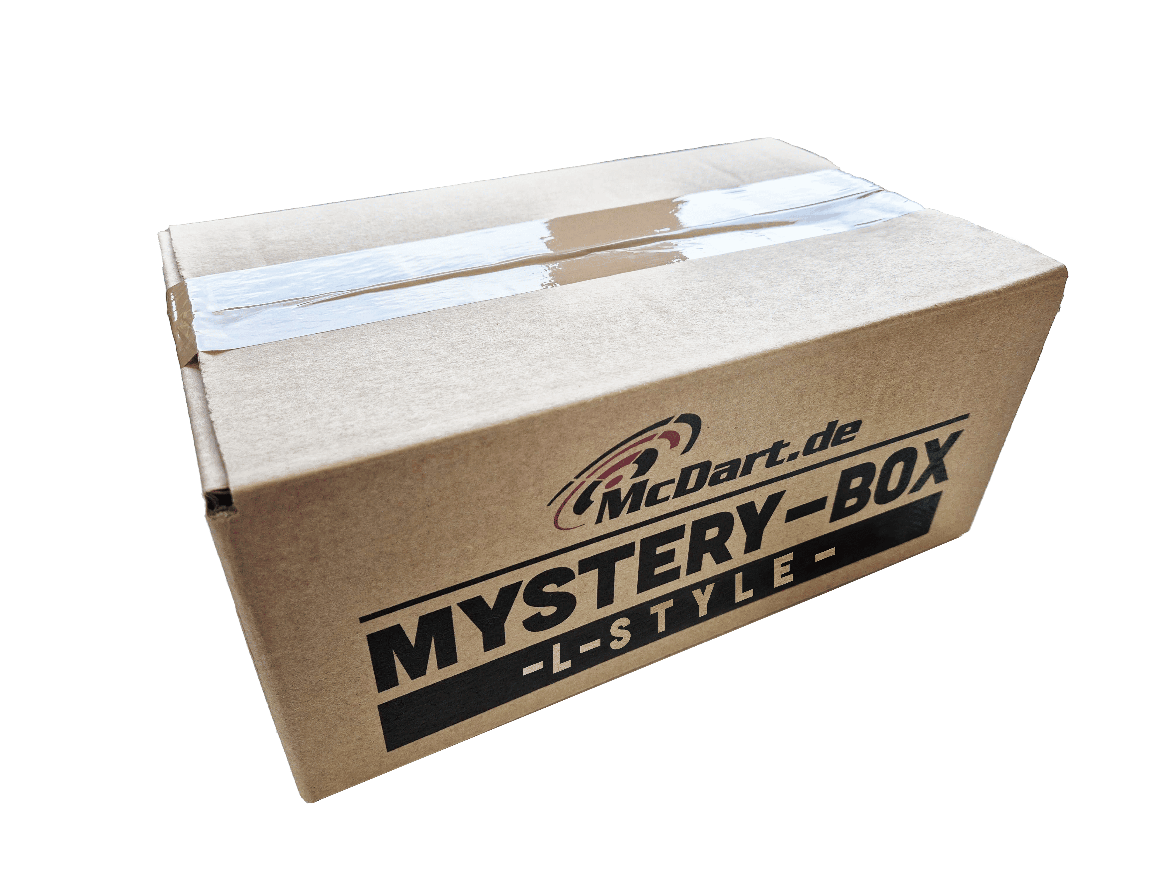 Auf dem Bild ist ein brauner Karton mit der Aufschrift „McDart.de MYSTERY-BOX -L-STYLE-“ zu sehen. Die Box ist mit Klebeband verschlossen.