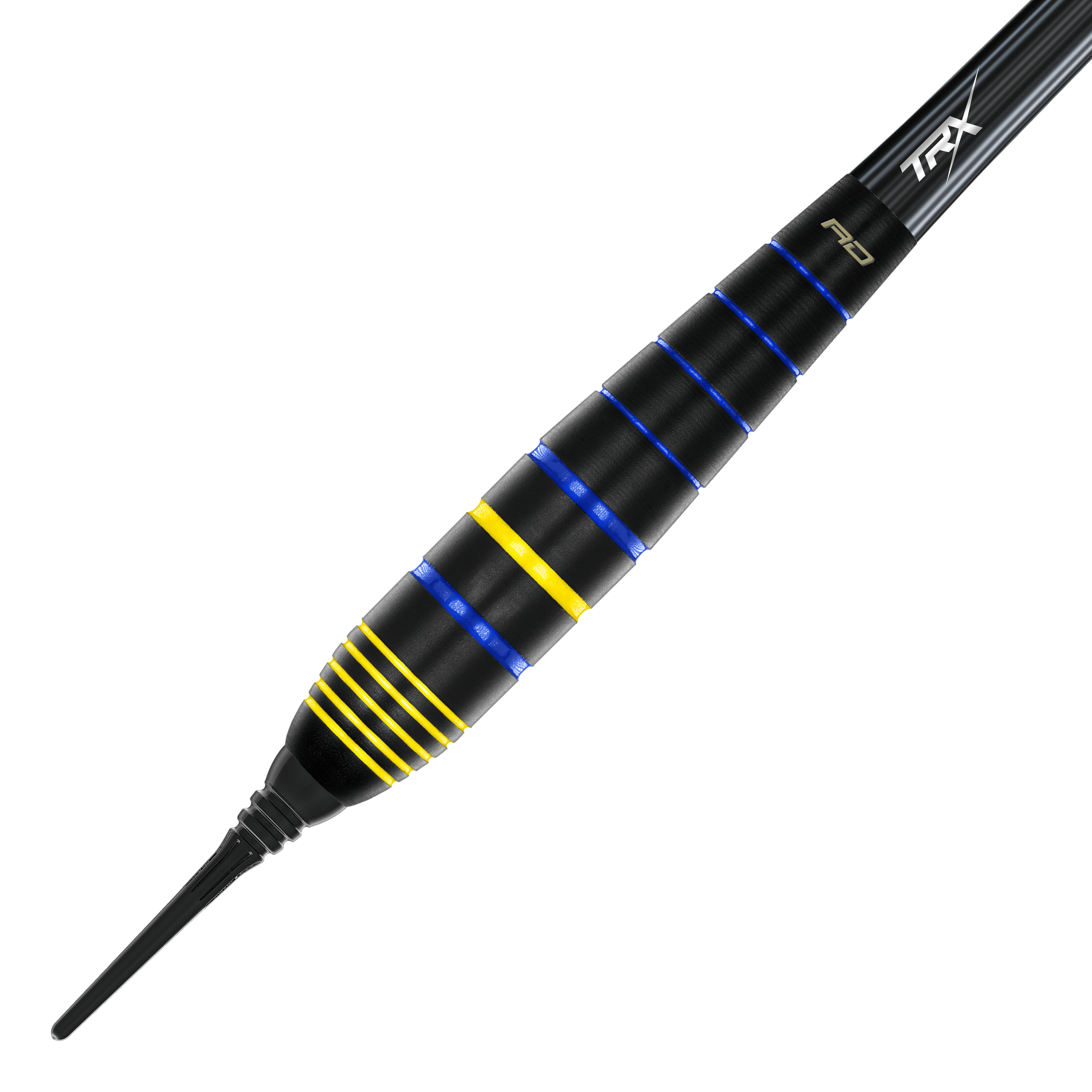 Red Dragon Luke Humphries Wereldkampioen Messing Softdarts - 20g Das Bild zeigt den Red Dragon Luke Humphries World Champion Brass Softdart mit einem Gewicht von 20g. Der Dart ist schwarz mit blauen und gelben Rillen verziert.