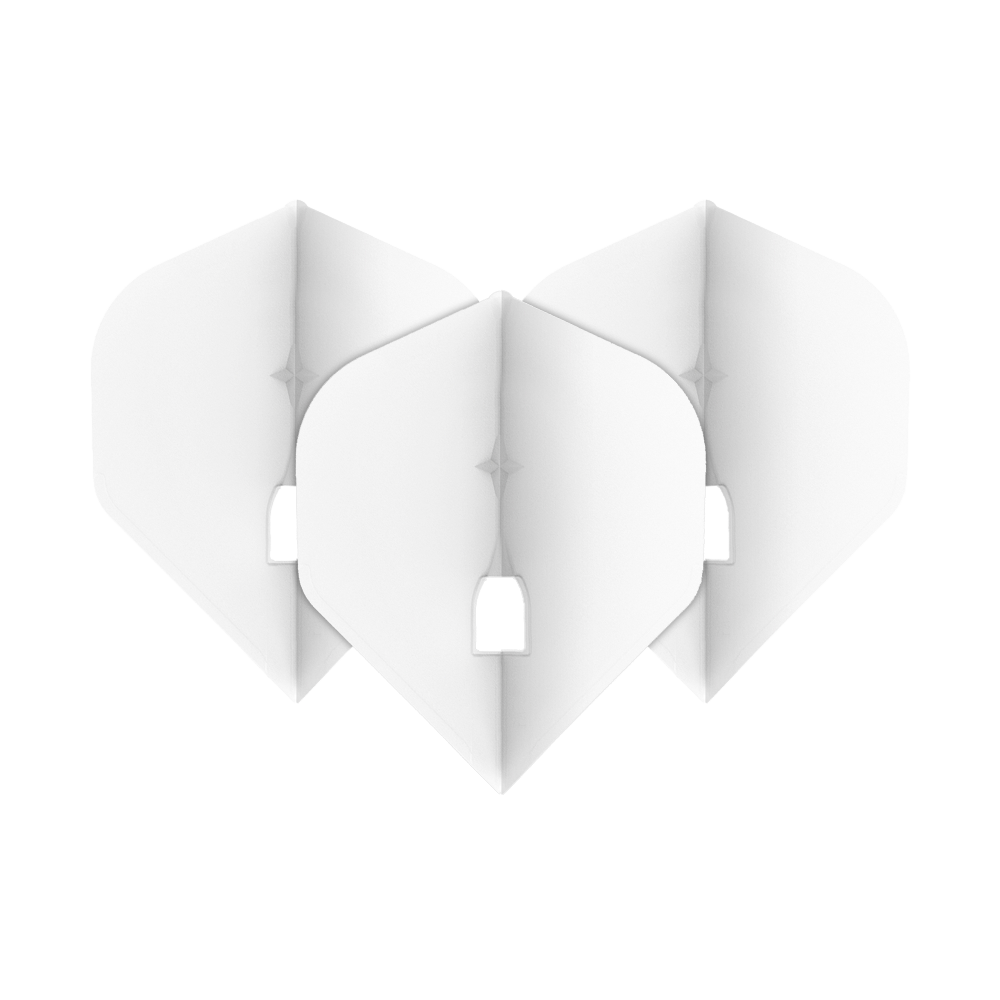 L-Style Champagne L1PRO Flights Das Bild zeigt drei weiße Dart-Flights, die nebeneinander angeordnet sind. Sie haben eine klassische, leicht abgerundete Form und einen kleinen Ausschnitt in der Mitte unten.