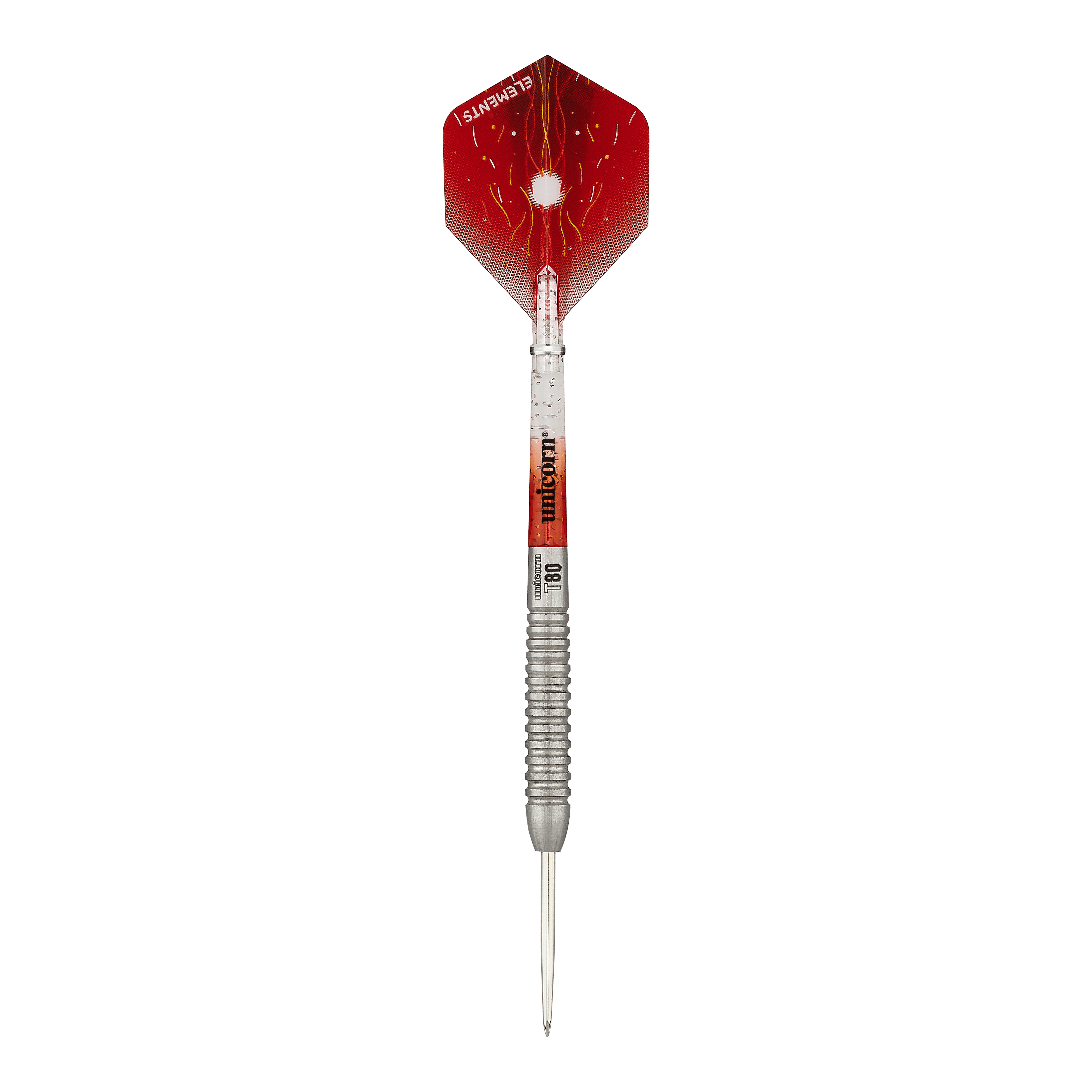 Unicorn Core XL Striker Style 5 stalen darts Das Bild zeigt einen Unicorn Core XL Striker Style 5 Steeldart. Der Dart hat einen silbernen Schaft und eine rot designte Flights.