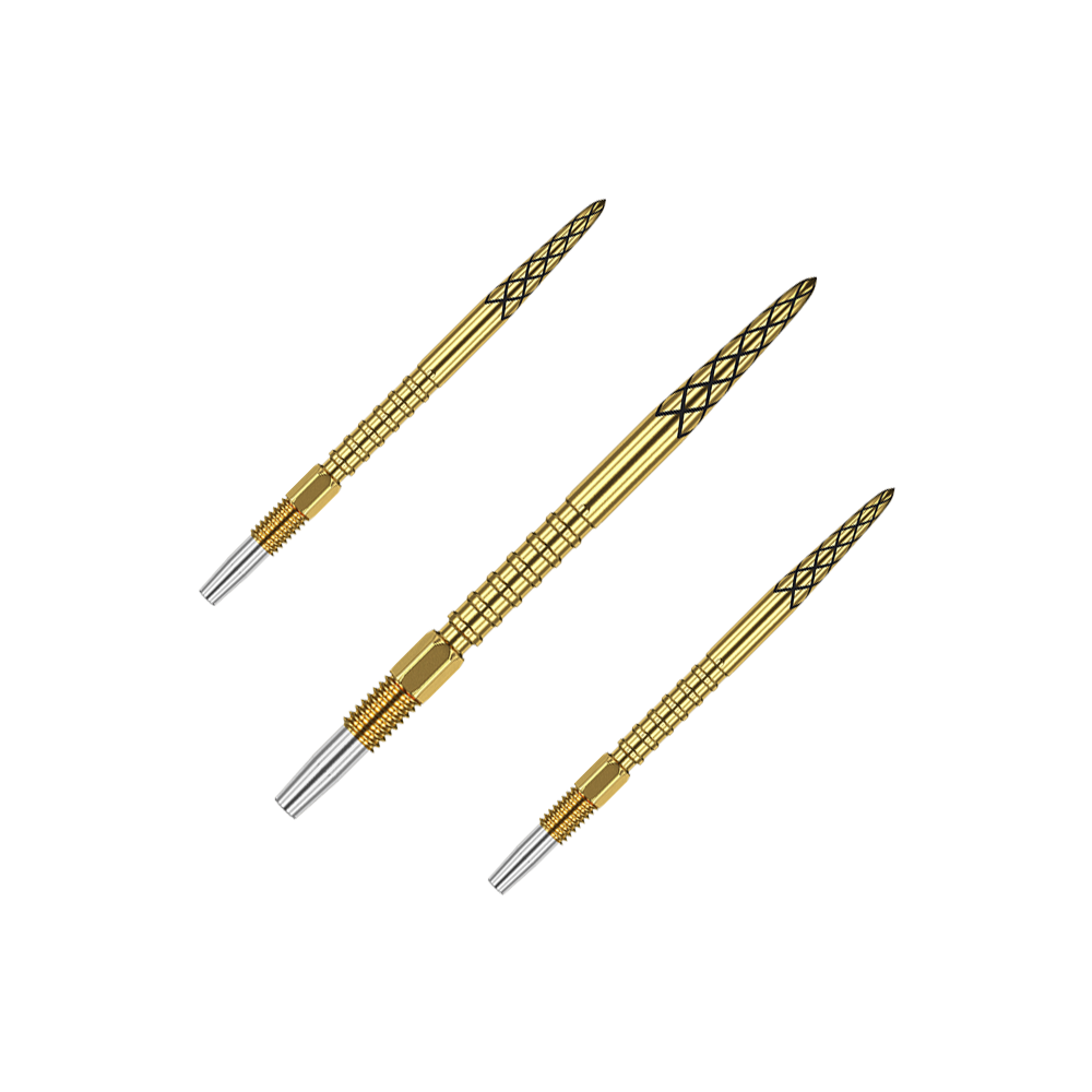 Target Swiss DS Surge Point Dartpunten - Goud Das Bild zeigt drei goldene Dartspitzen mit silbernen Enden. Die Spitzen haben ein Rautenmuster und sind 30 mm lang.