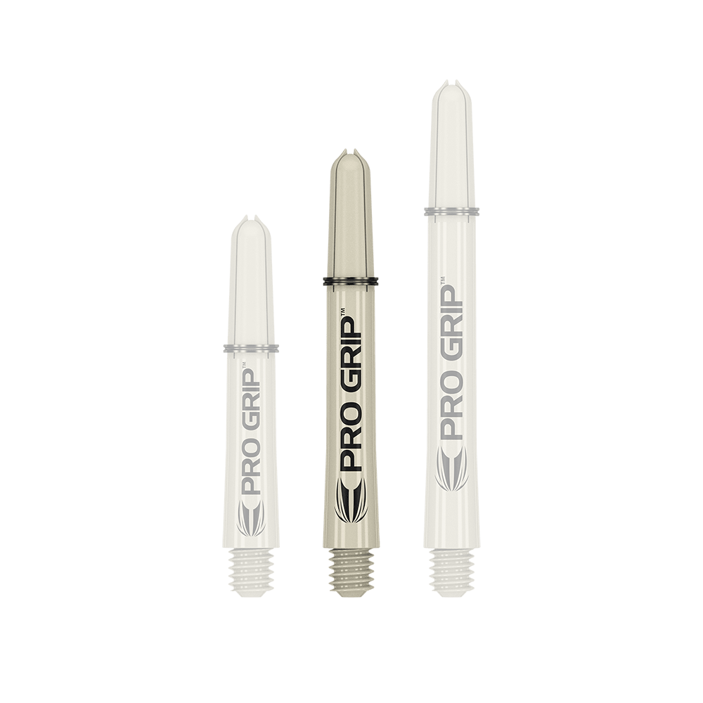Das Bild zeigt drei Target Pro Grip Shafts in der Farbe Sand. Sie sind in unterschiedlichen Längen angeordnet und tragen die Aufschrift "PRO GRIP".