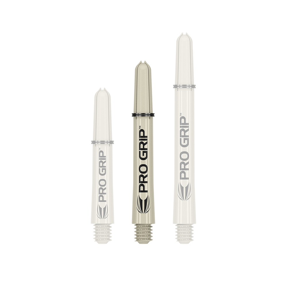 380151_Target_Pro_Grip_Shafts_Sand_41mm_1 Das Bild zeigt drei Target Pro Grip Shafts in der Farbe Sand. Sie sind in unterschiedlichen Längen angeordnet und tragen die Aufschrift "PRO GRIP".