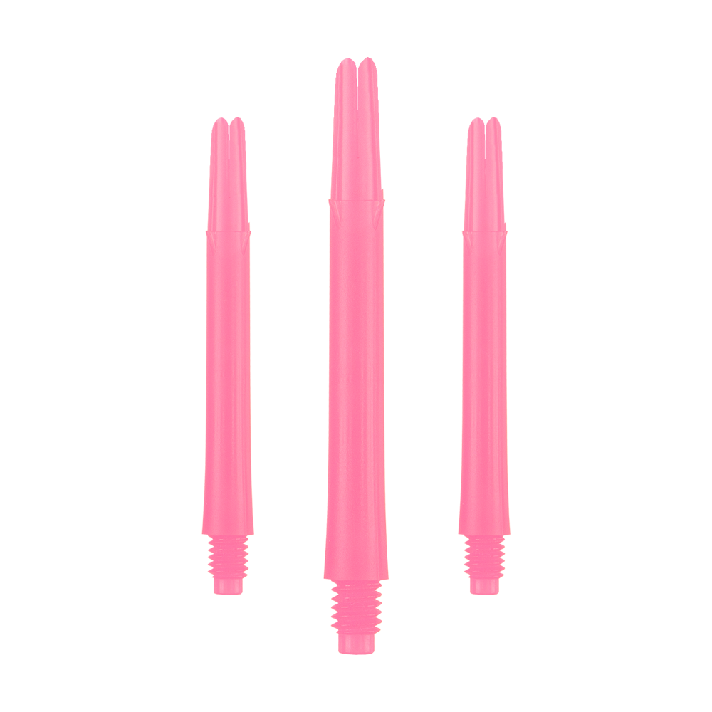 Auf dem Bild sind drei gerade, pinkfarbene Dartshafts ohne Kappen zu sehen. Sie sind nebeneinander auf weißem Hintergrund angeordnet.