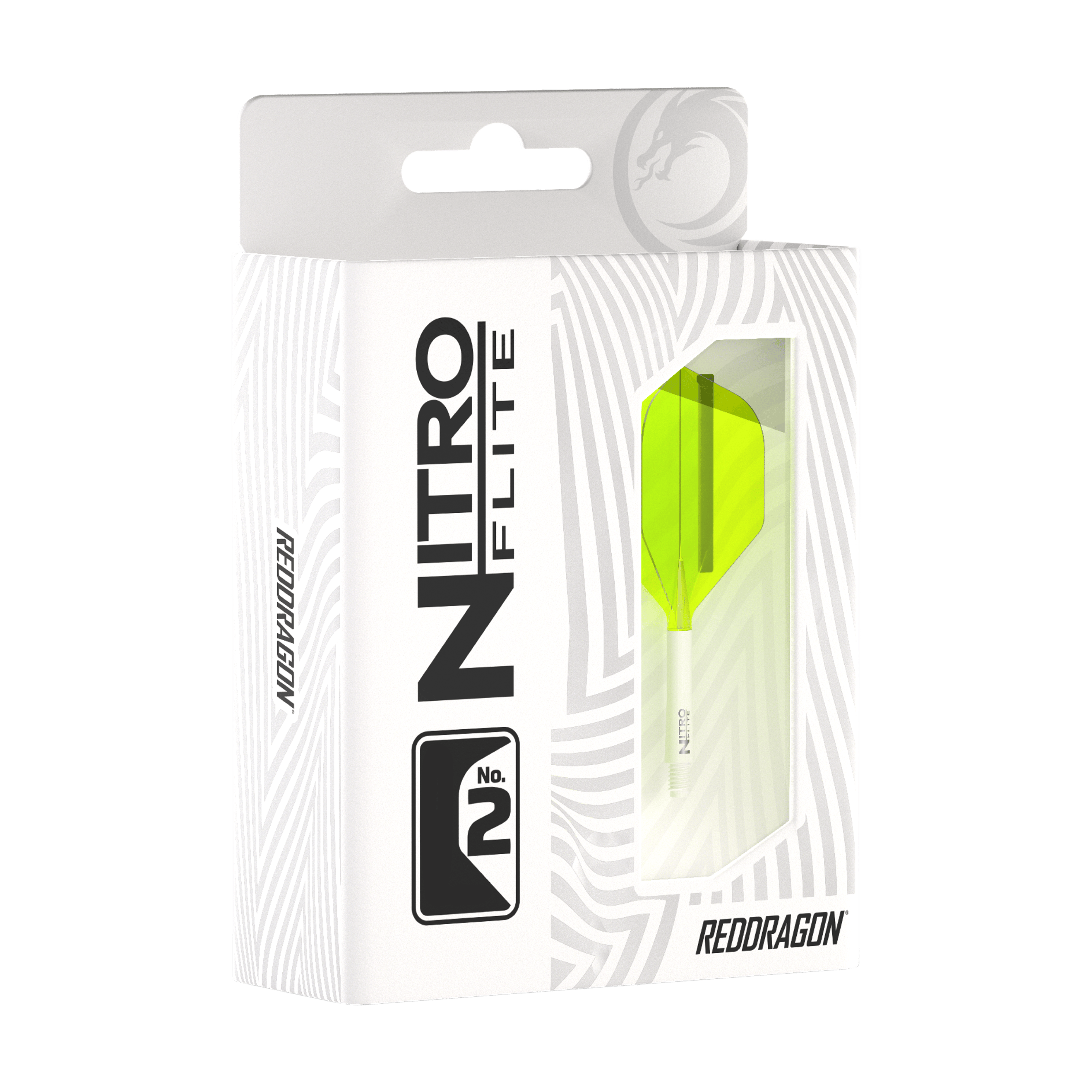 Red Dragon Nitroflite - Witte Schacht Geel No2 Vluchten Die Abbildung zeigt eine Verpackung des Produkts "Red Dragon Nitroflite - White Shaft Yellow No2 Flights". In der Schachtel ist ein gelber Dart-Flügel mit weißem Schaft sichtbar.