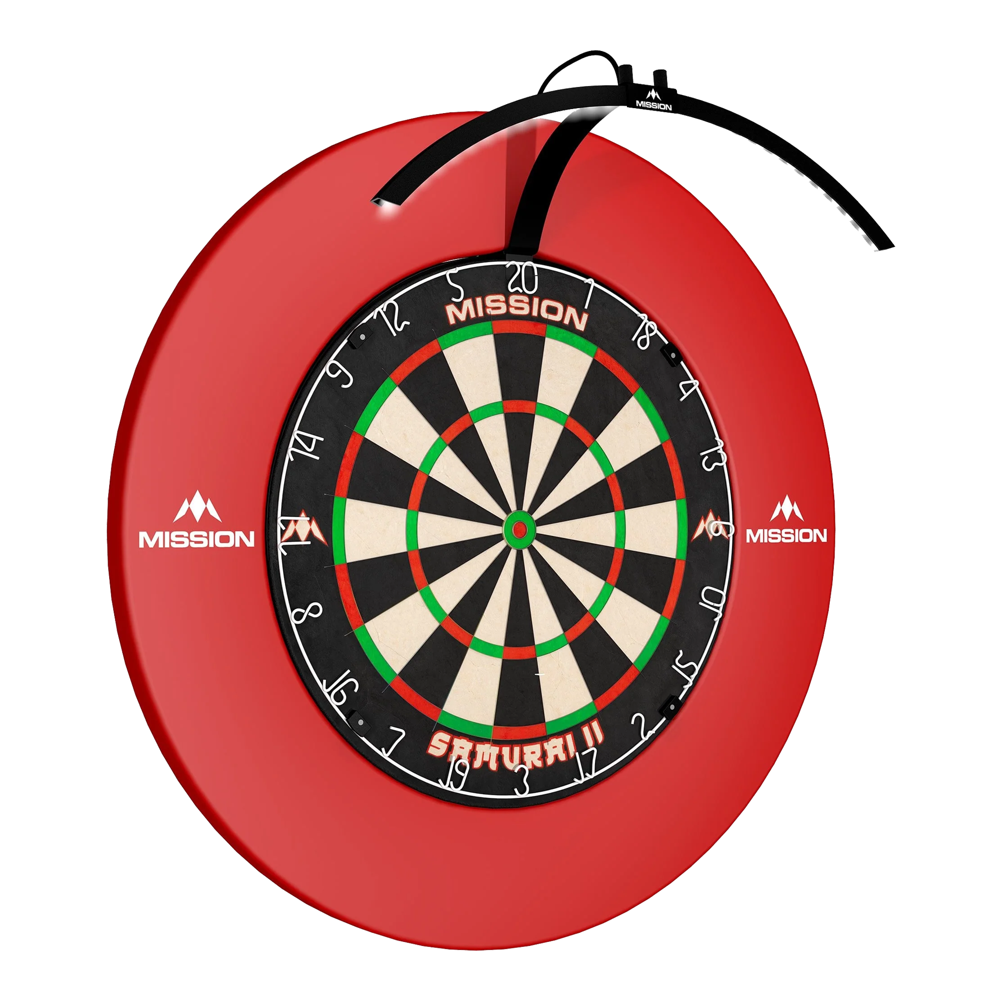 Mission Torus 100 Opvouwbare LED Dartbordverlichting Das Bild zeigt das "Mission Torus 100 Faltbare LED Dartboard Beleuchtung" an einem Dartboard befestigt. Die LED-Beleuchtung sorgt für eine optimale Ausleuchtung der Dartscheibe.